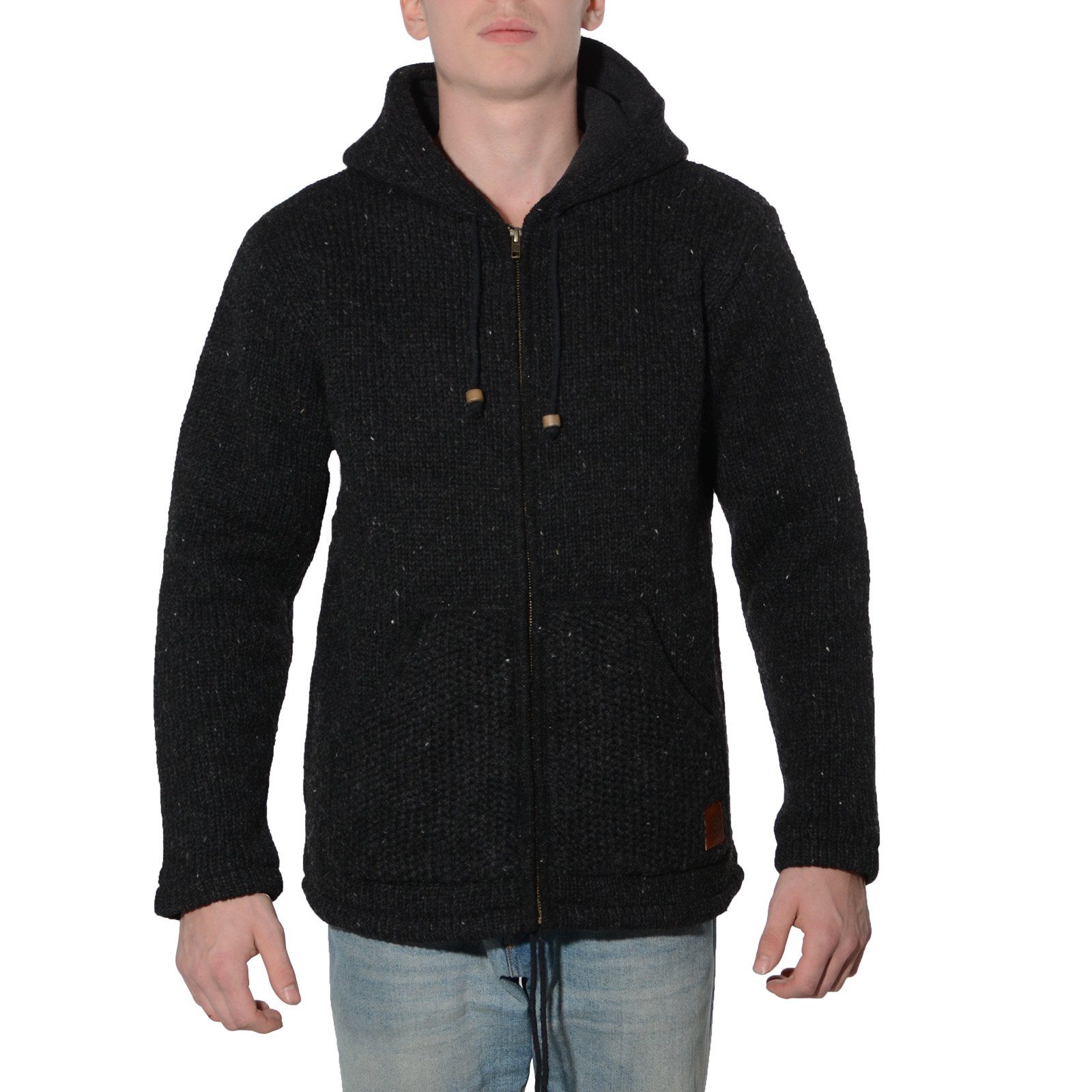 KUNST UND MAGIE Kapuzenstrickjacke Herren Strickjacke Wolle +warmen Fleecefutter Kapuze Schafschurwolle