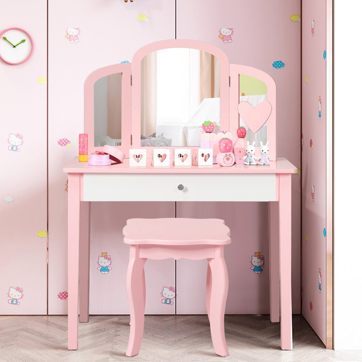 COSTWAY Schminktisch Kinder, mit Spiegel & Hocker, holz Rosa