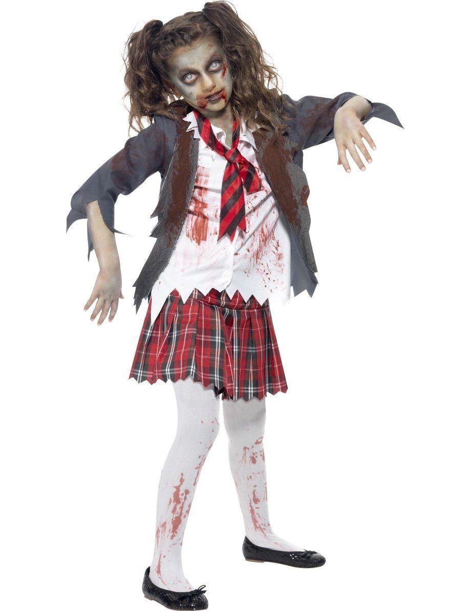 Smiffys Zombie-Kostüm Untotes Schulmädchen Kinderkostüm Halloween Kinderkostüm grau-weiss