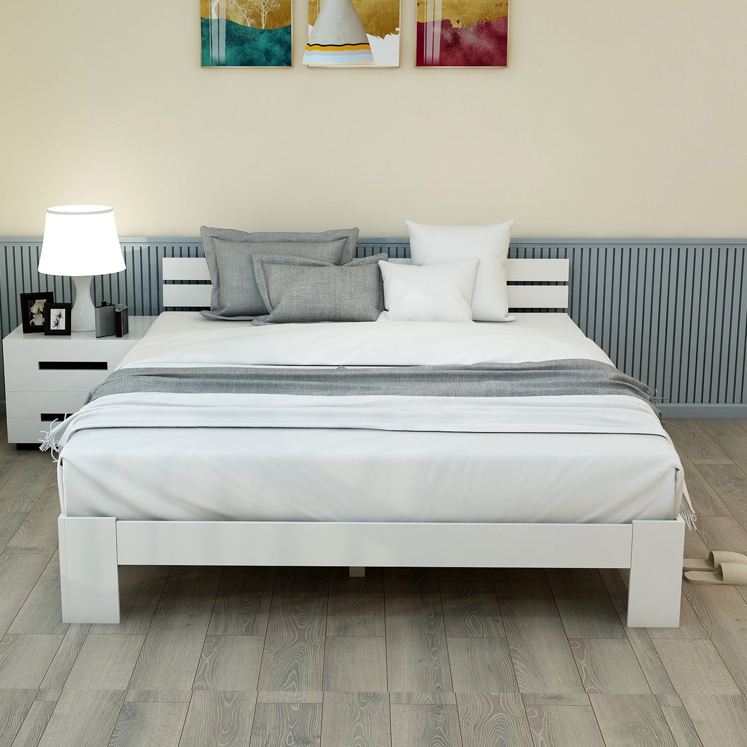 Ulife Massivholzbett 140 x 200 cm, Bettgestell mit Lattenrost, Doppelbett mit Kopfteil (Ohne Matratze), als Kieferbett verwendbar, Weiß – Bild 4 von 5