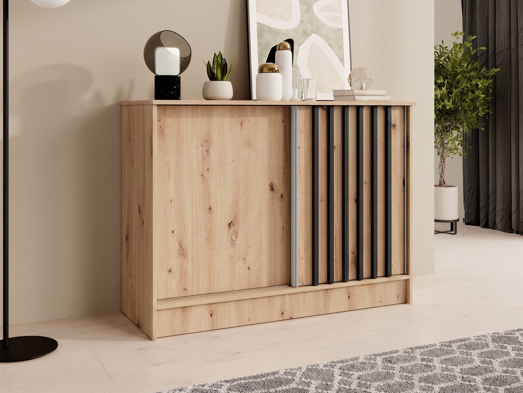 Beautysofa Kommode mit 2 Schiebetüren HORIZON (in 100 cm, 120 cm oder 160 cm, verschiedene Farben: Eiche Artisan, Schwarz, Weiß, Kaschmir), mit dekorativen Lamellen