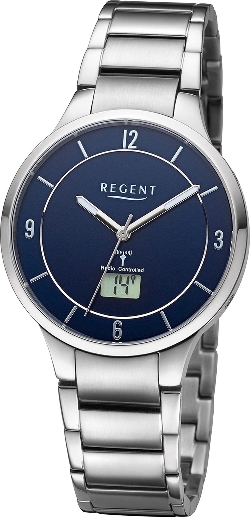 Regent Funkuhr Regent Herren Funkuhr Analog-Digital, (Funkuhr), Herren Funkuhr rund, extra groß (ca. 39mm), Metallarmband