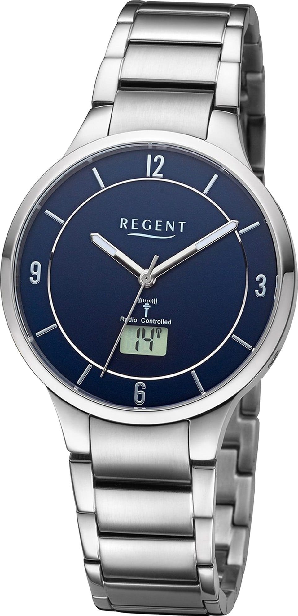 Regent Funkuhr Regent Herren Funkuhr Analog-Digital, Herren Funkuhr rund, extra groß (ca. 39mm), Metallarmband stahl-blau