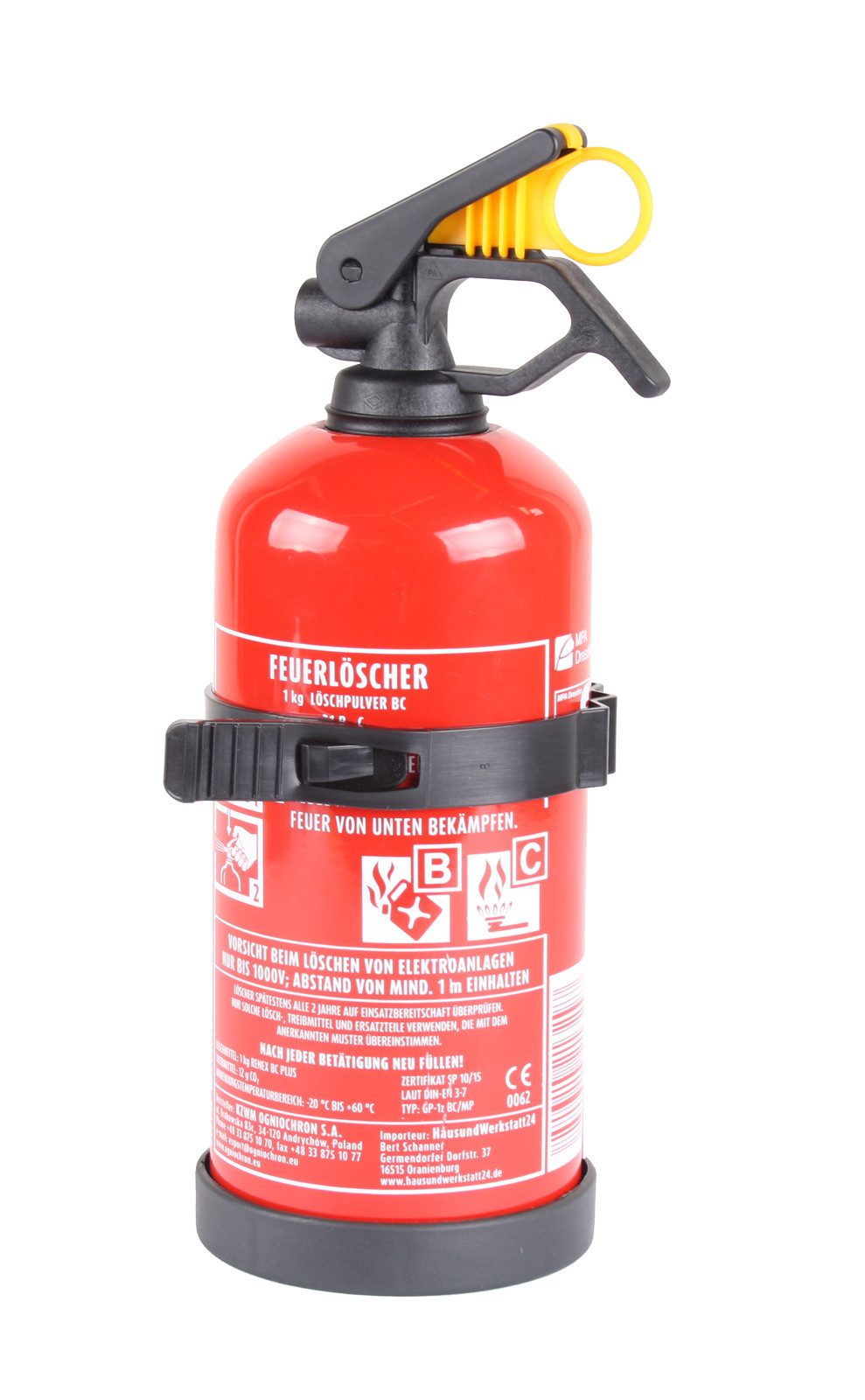 EXDINGER Pulver-Feuerlöscher kompakter BC Pulver-Autofeuerlöscher gemäß DIN EN 3-7 (1 kg), Dauerdruck, BC Pulver, (1-St) Dauerdrucklöscher, Sicherungskeil, mehrfach befüllbar