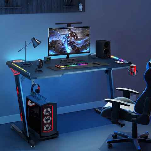 WILGOON Gamingtisch Gaming Schreibtisch mit LED, Computertisch mit Kohlefaser Oberfläche, PC Gaming Tisch für Gaming mit Kopfhörerhaken und Getränkehalter