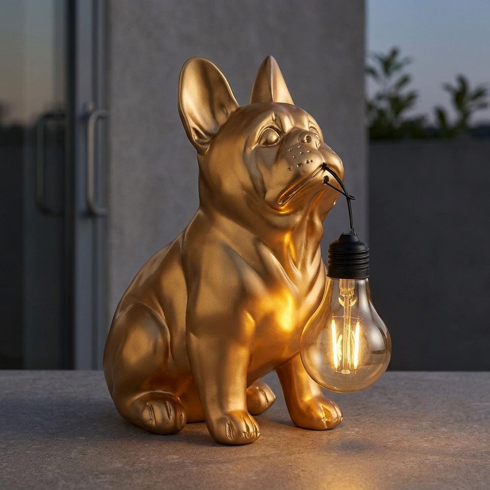 GLOBO LIGHTING LED Solarleuchte, LED-Leuchtmittel fest verbaut, Warmweiß, LED Solarleuchte Solarlampe Außenleuchte goldfarben matt Hund H 23,5cm