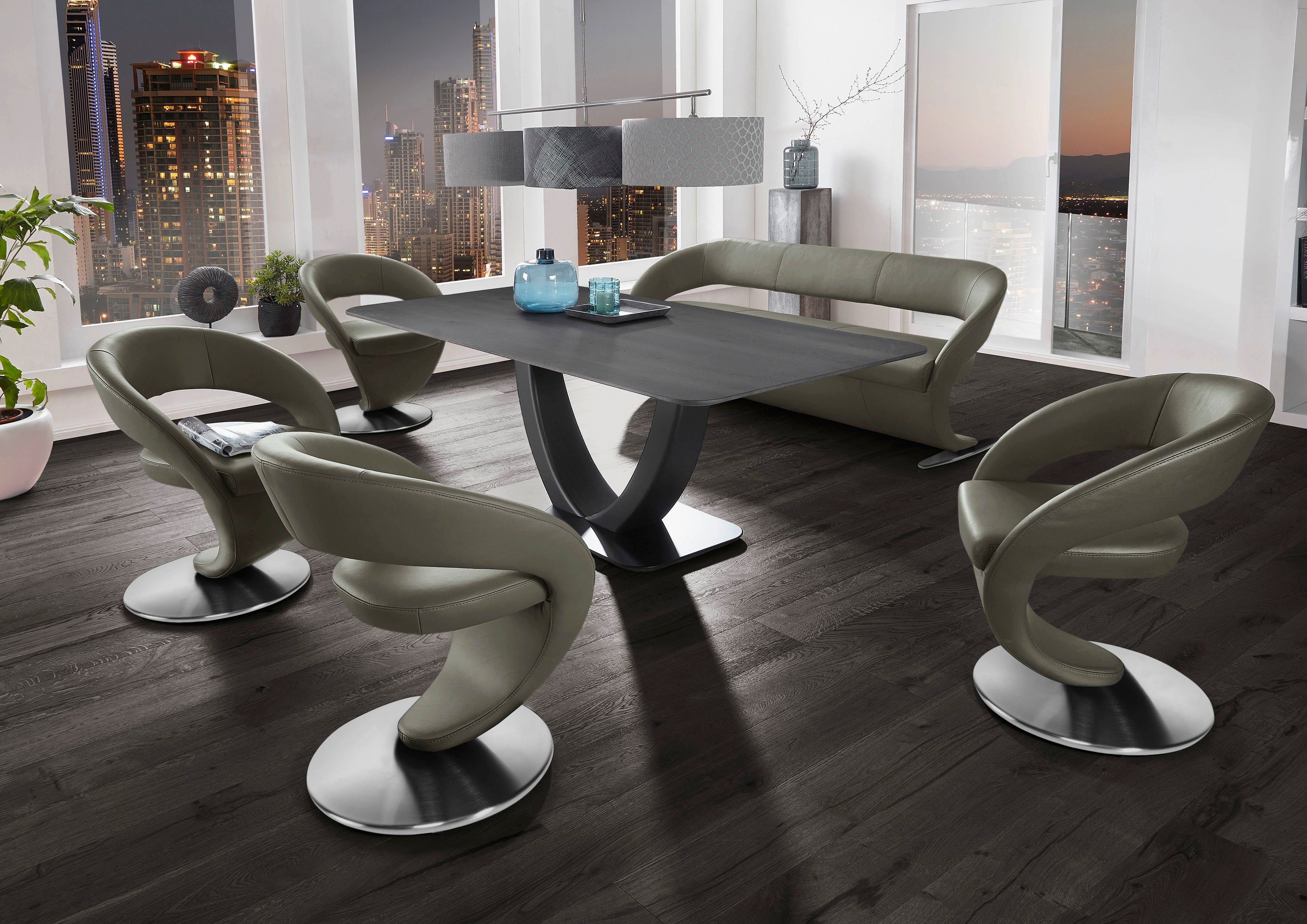 K+W Komfort & Wohnen Essgruppe Wave, (Set), Design-Solobank mit 4 Design-Drehstühlen und Tisch in 180x90cm