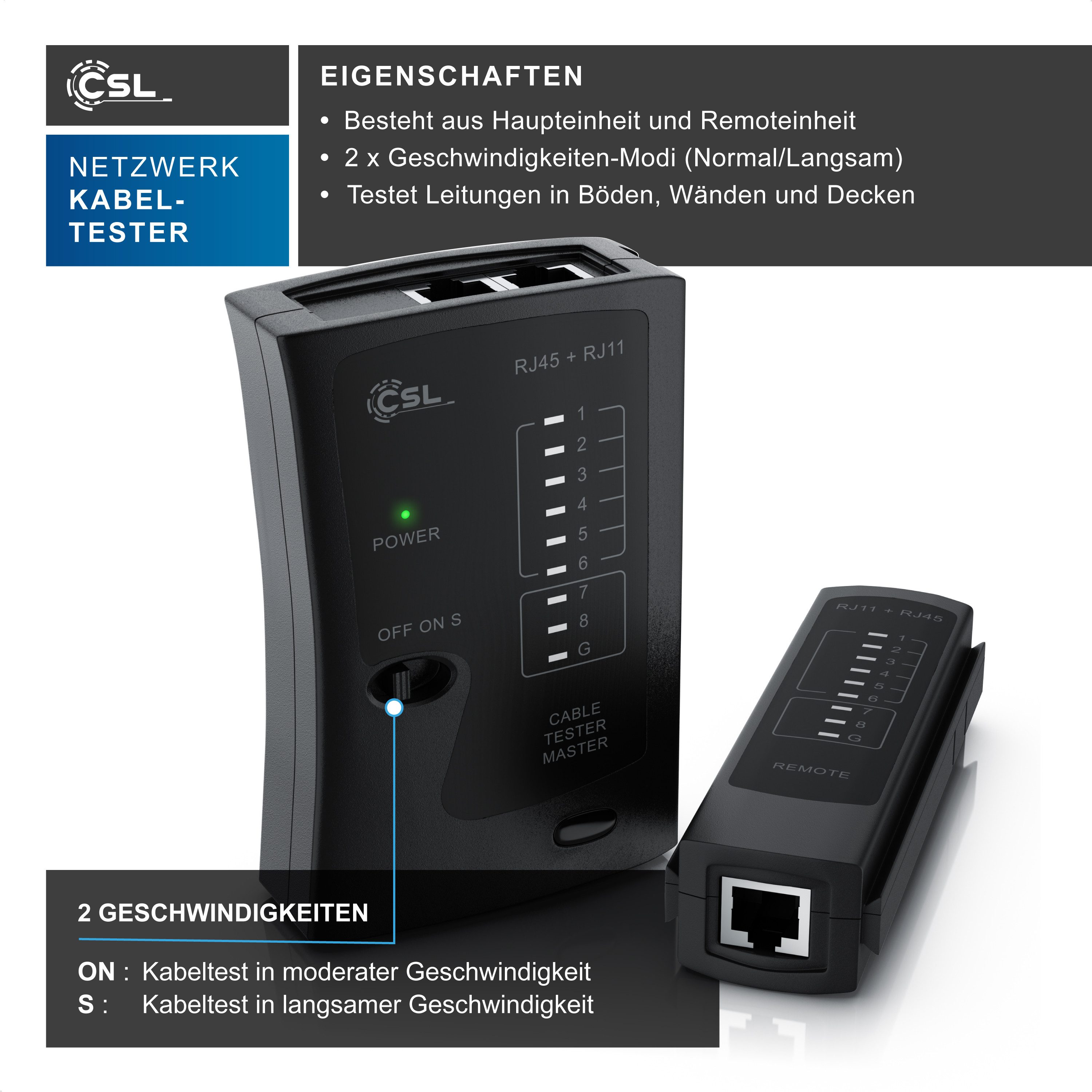 CSL Kabeltester für RJ45 & RJ11 Kabel, Leitungen in Böden, Wänden & Decken Netzwerk-Adapter RJ-45 (Ethernet) zu 2x RJ11, 2x RJ45, Patchkabel Tester, Leitungstes – Bild 4 von 5
