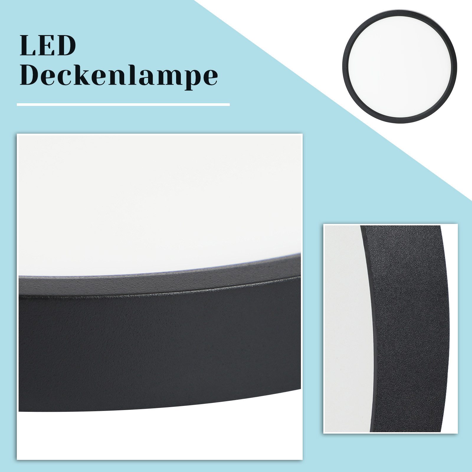 ZMH LED Deckenleuchte flach rund 18–30cm schwarz weiß Küchenlampe hell augenschonend, Augenshutz, LED fest integriert, 4000K, Modern Flurlampe – Bild 2 von 5