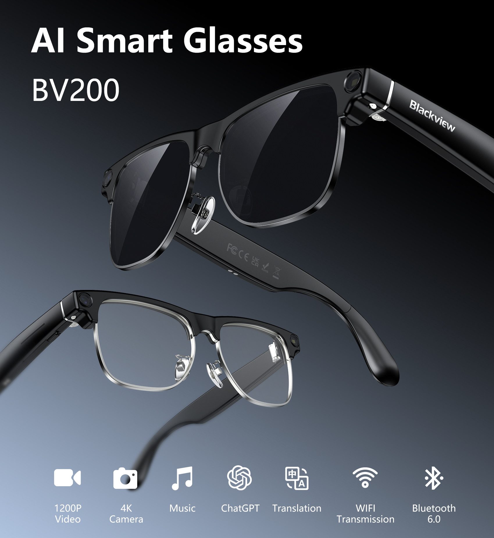 blackview Sonnenbrille BV200 KI-Übersetzer-Brille mit 32MP Kamera Smarte Audio