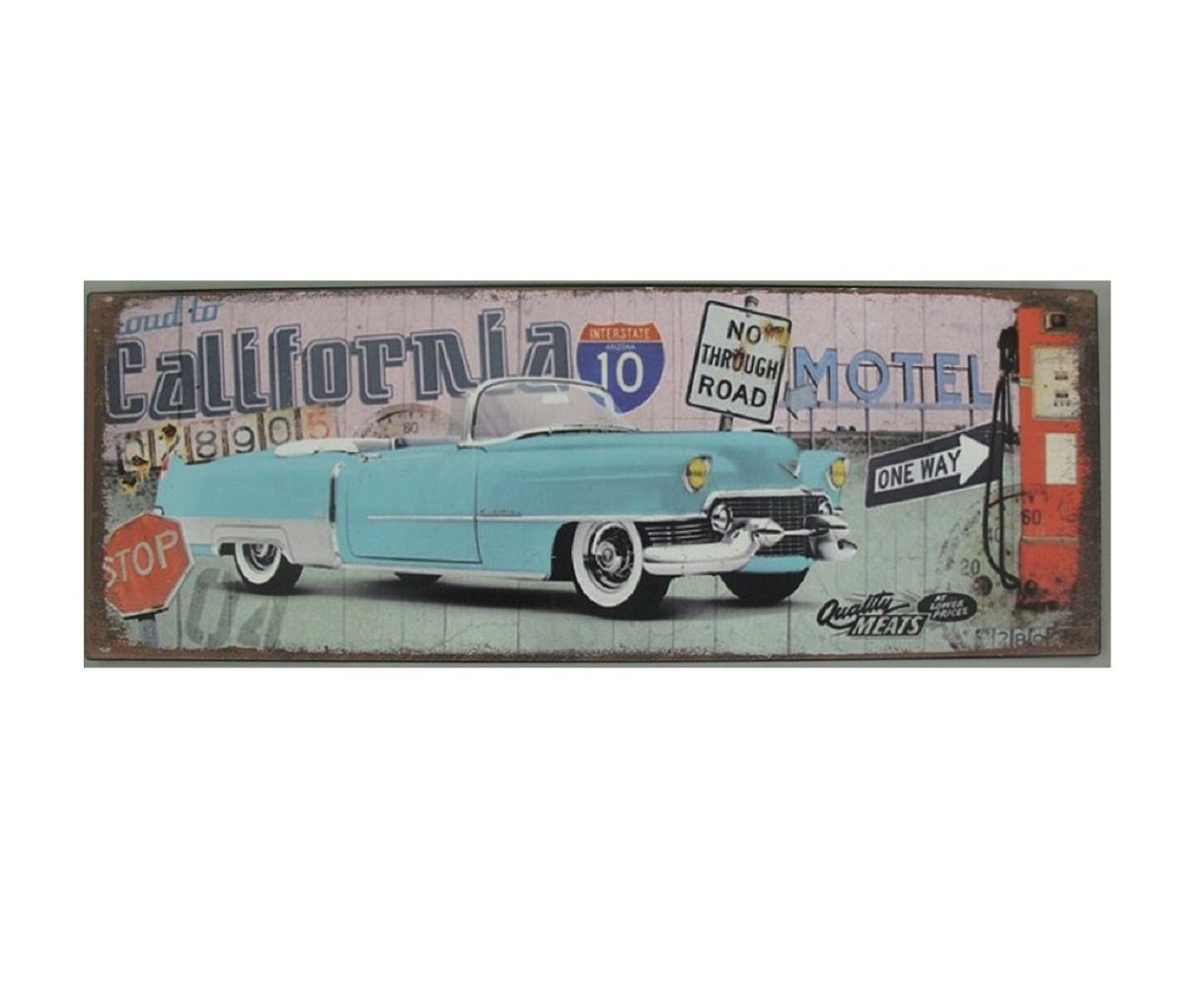 Linoows Metallschild Blechschild, Wandschild, California Motel Cadillac, Reklameschild, Cadillac Schild, Auto Wandschild 13x36 cm.