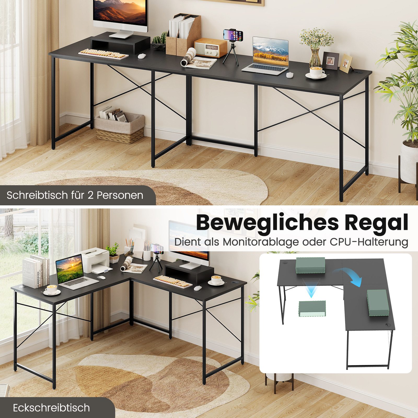 COSTWAY Eckschreibtisch, Reversibler Schreibtisch in L-Form mit Kabellöchern