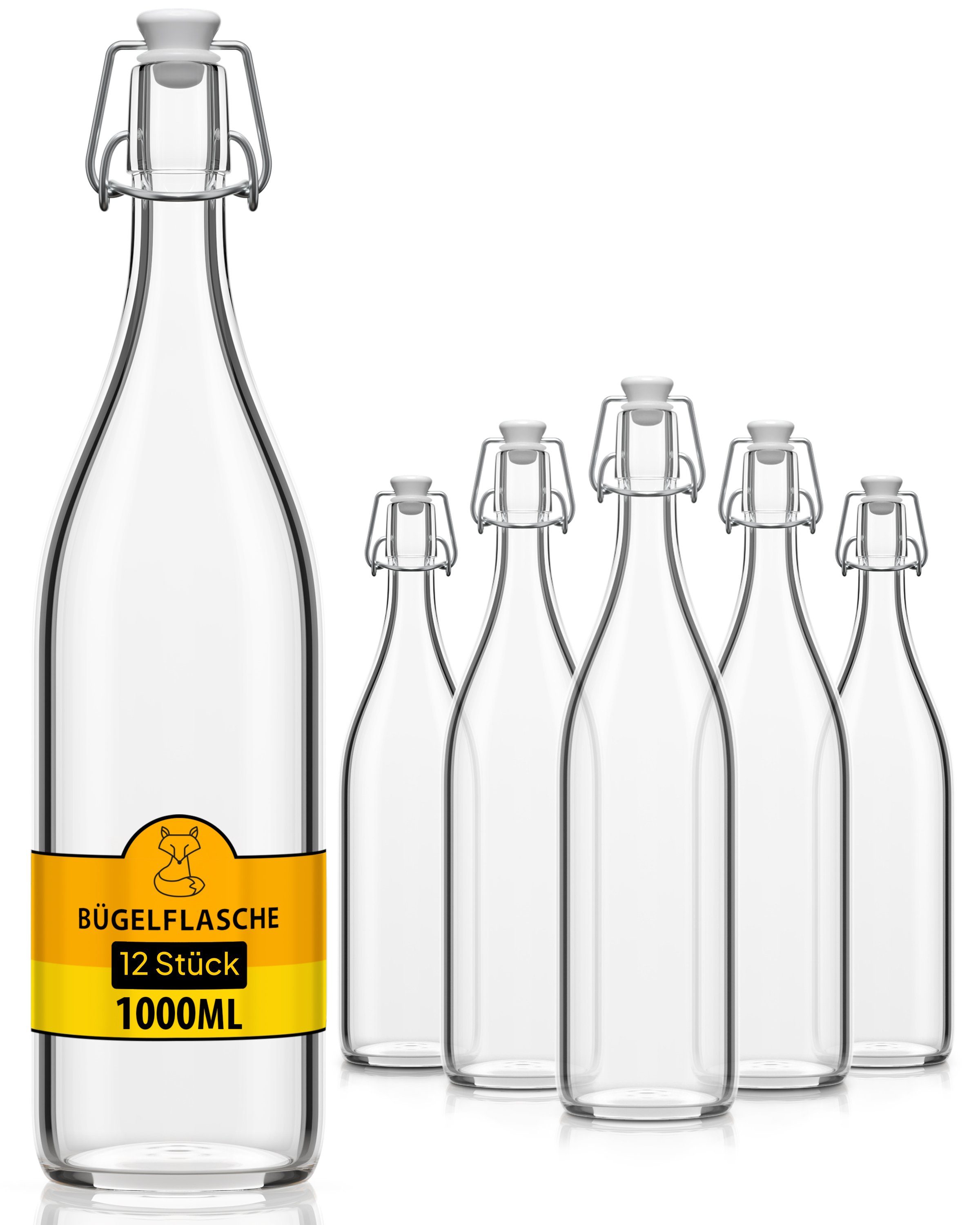 Flaschen-Fuchs Vorratsglas 1000ml Flaschen zum Befüllen Bügelverschluss Schnaps Likörflaschen, Glas, (12er Set)