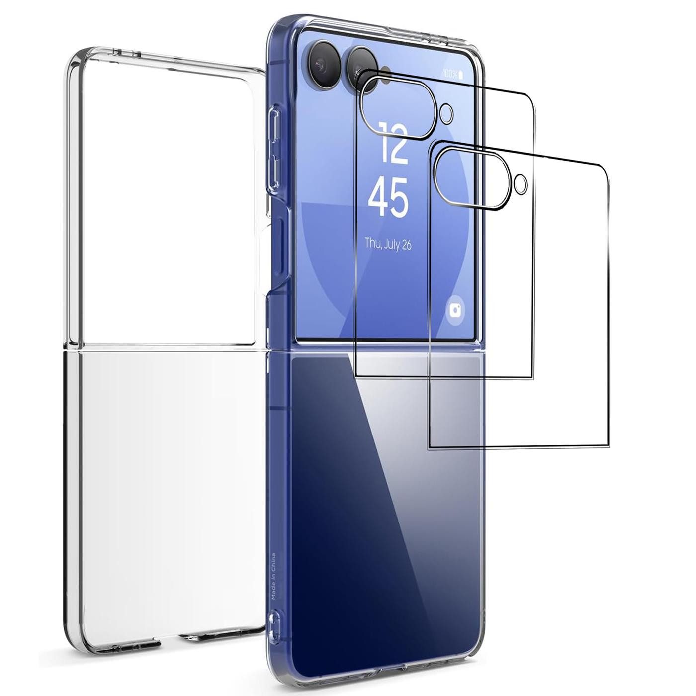 CoolGadget Handyhülle Transparent als 2in1 Schutz Cover Set für das Samsung Galaxy Z Flip 7 6,9 Zoll / 4,1 Zoll, 2x Glas Display Schutz Folie + 1x Hard Case Hülle für Galaxy Z Flip 7