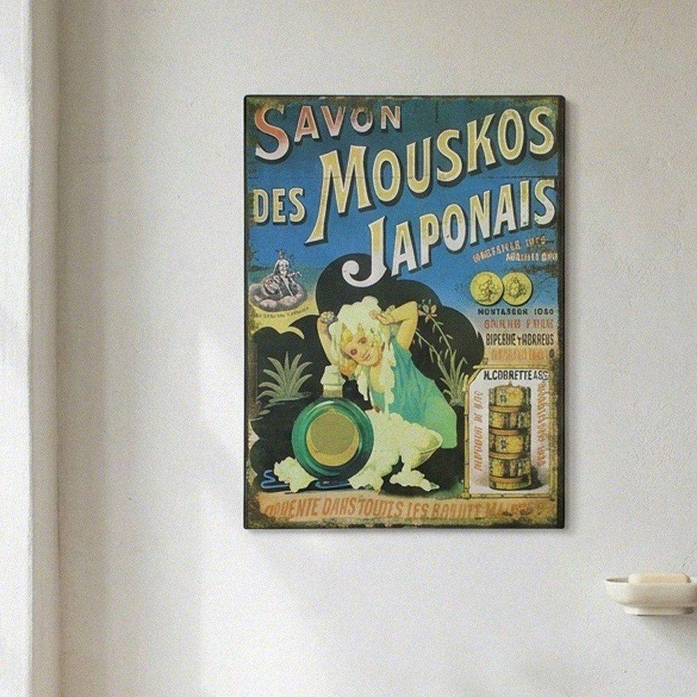 Antikas Wanddekoobjekt Blechschild Savon aus Eisen, rechteckig in Antikoptik, H.33 cm