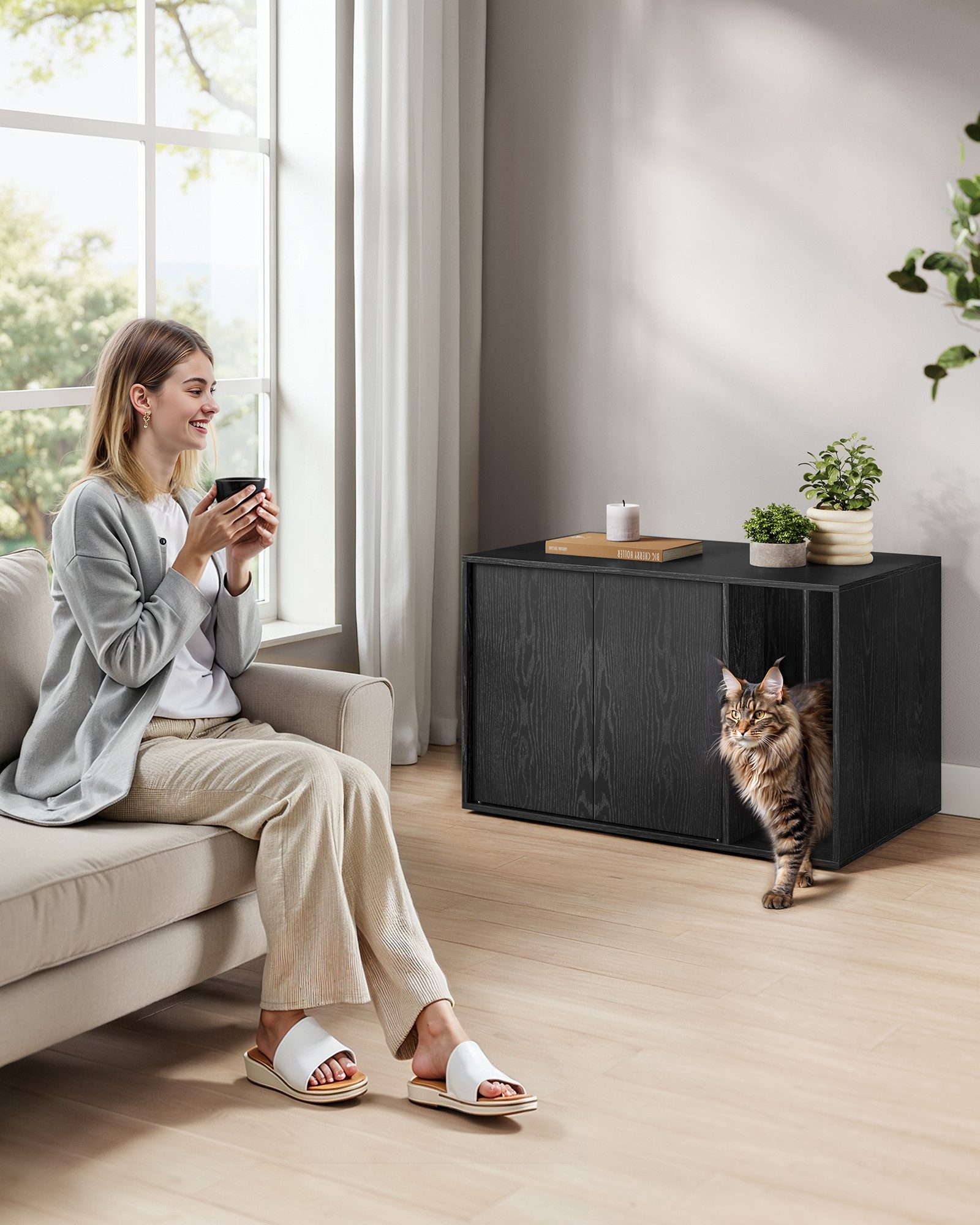 SONGMICS HOME Katzentoilette Klicksystem, Push-to-Open Türen, werkzeuglose Montage, für große Katzen