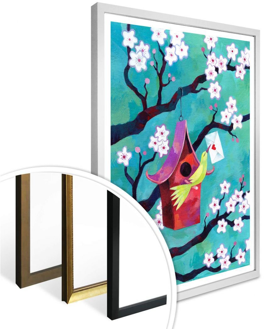 Poster Wandposter (1 Vogelhäuschen, Wall-Art Bild, Poster, St), Vögel Wandbild, Märchen Wandbilder