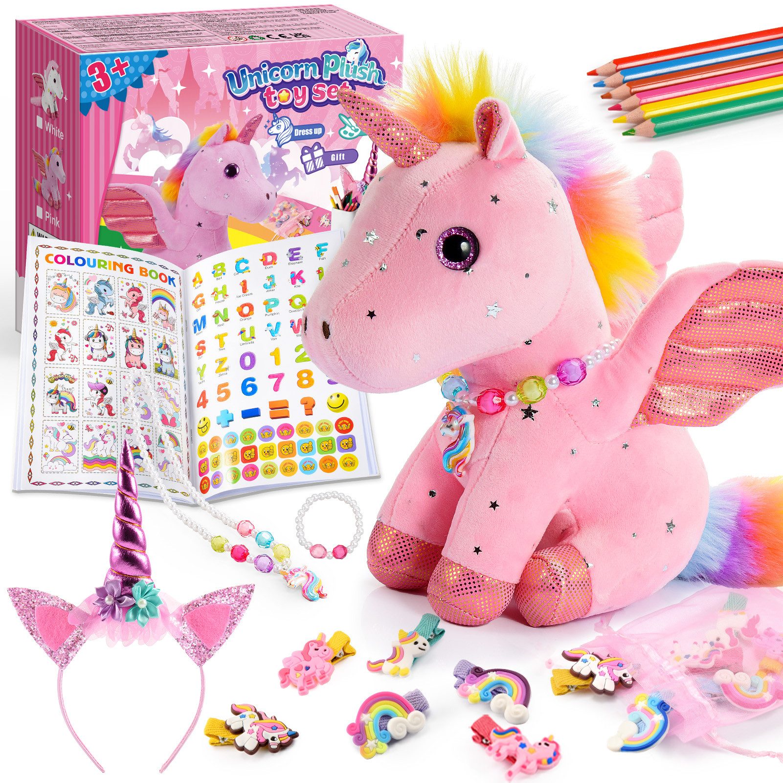 Wootoy Kuscheltier Einhorn Plüschtier Geschenkset für Mädchen 21-teiliges Kreativset (mit Malbuch Schmuck Haaraccessoires und Plüschtier, 1-St., vielseitige Kombination aus Spielzeug Bastelspaß und Schmuck), Attraktive Geschenkbox ideal für kleine Einhorn
