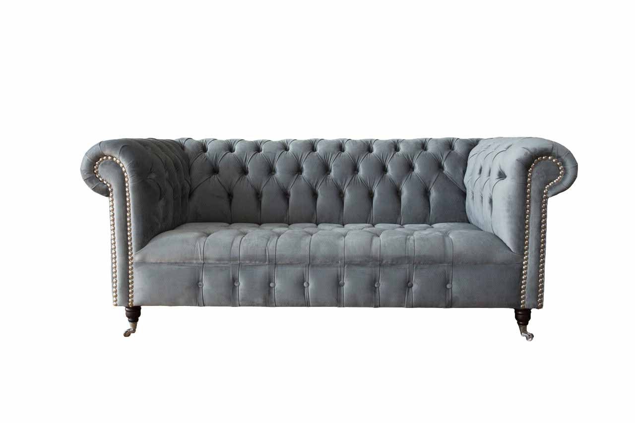 Chesterfield-Sofa Grau gepolsterte Couch im Chesterfield-Stil mit Edelstahlfüßen