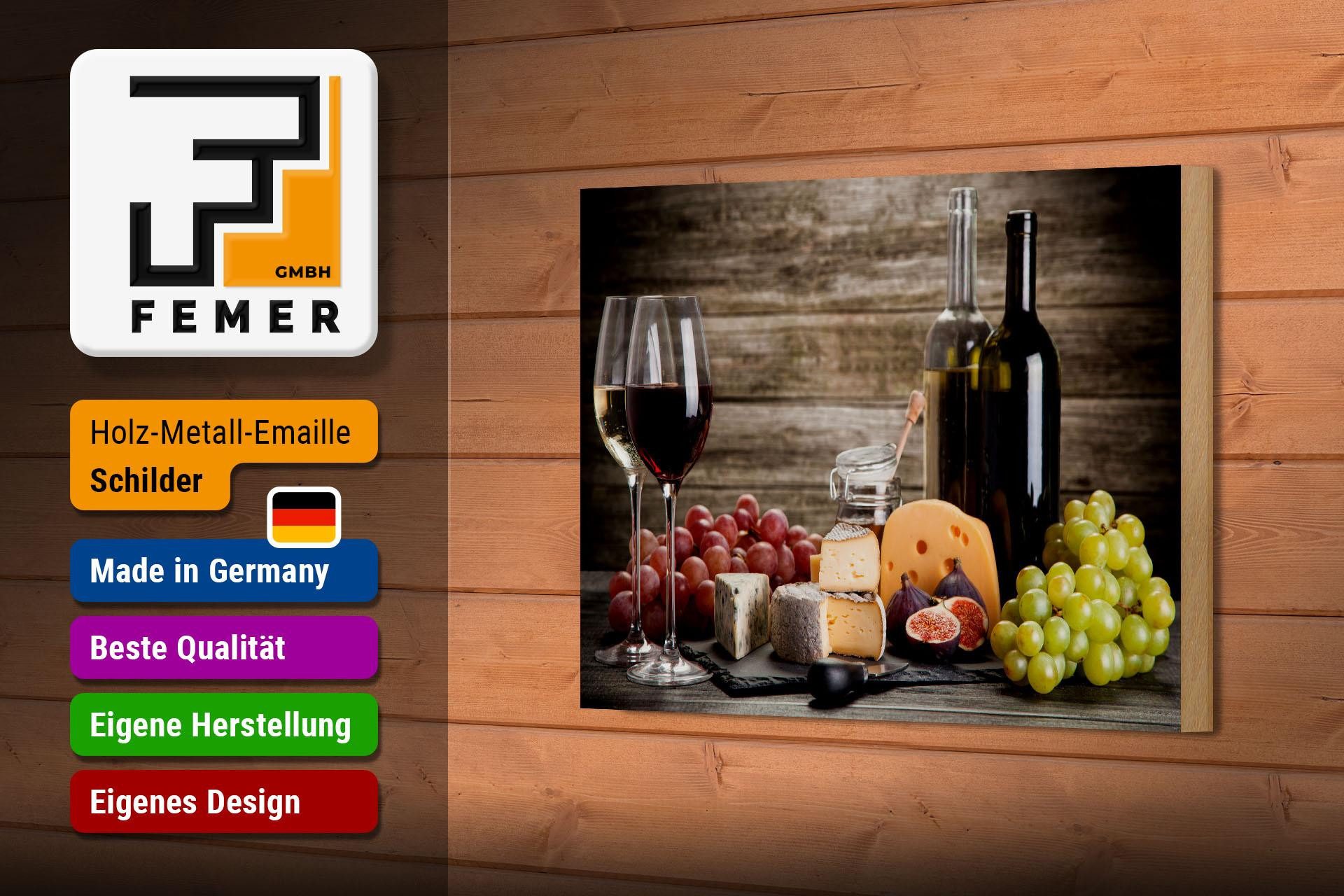 Femer GmbH Holzbild Trinken 12x18 cm Wein und Käseplatte, (1 St), Glatte Holzfaserplatte (MDF), vorn beschichtet