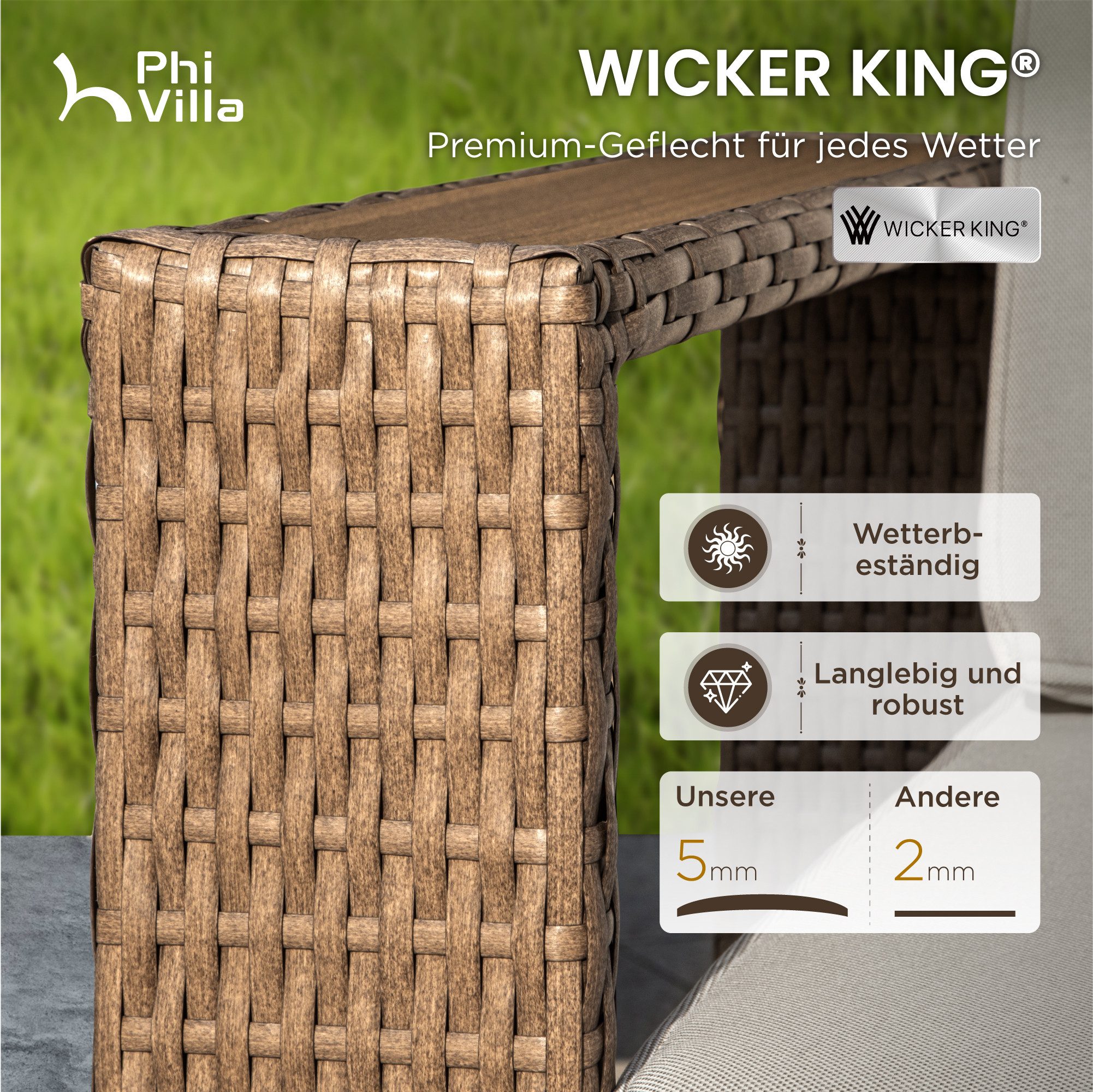 PHI VILLA Gartenlounge-Set, (Rattan Gartenmöbel Set Balkonmöbel, Allwetter Gartensofa Terassenmöbel Außen mit Dicken Weißen Kissen), Lounge Möbel Outdoor Sofa Sets für Garten und Terrasse