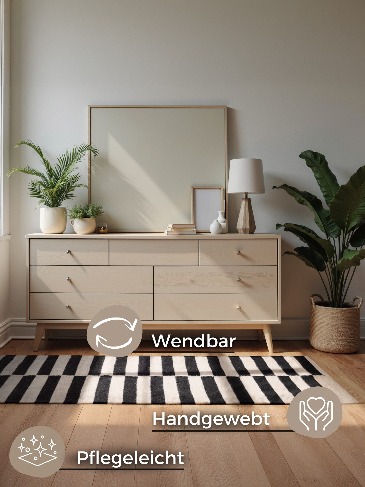 HANSE Home Wollteppich Donna, schwarz-weiss, rechteckig, Höhe: 5 mm, Handgewebt, Wolle, Natur, Läufer, Wohnzimmer, Schlafzimmer, Streifen