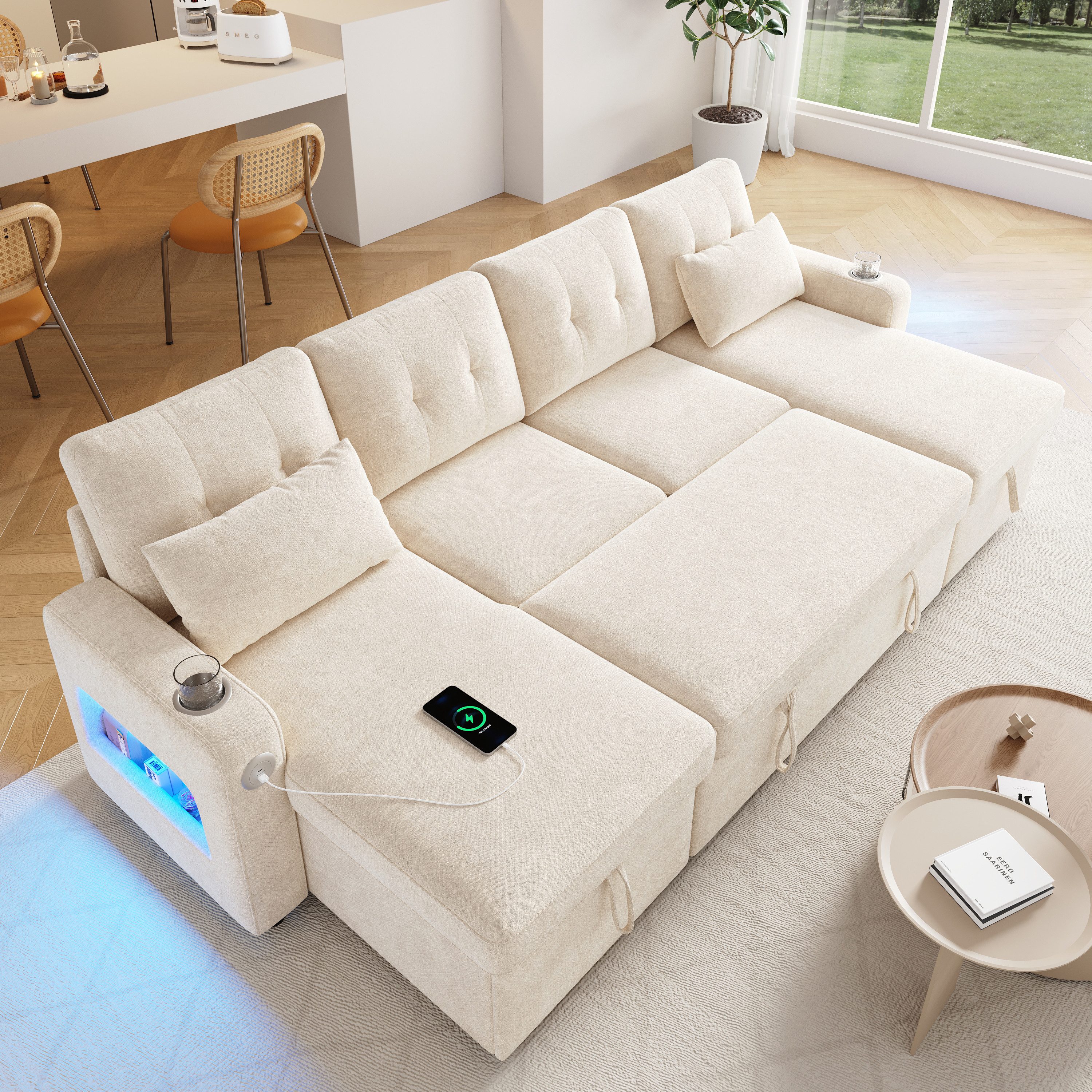 Merax Ecksofa U‑förmiges Sofa mit Schlaffunktion, Ausziehbares U‑Sofa mit LED & USB, Chenille Schlafsofa Chaiselongue Sofabett für 4-5 Personen 1 Teile, Sofa mit Getränkehalter, verstecktem Stauraum & Armlehnen‑Stauraum
