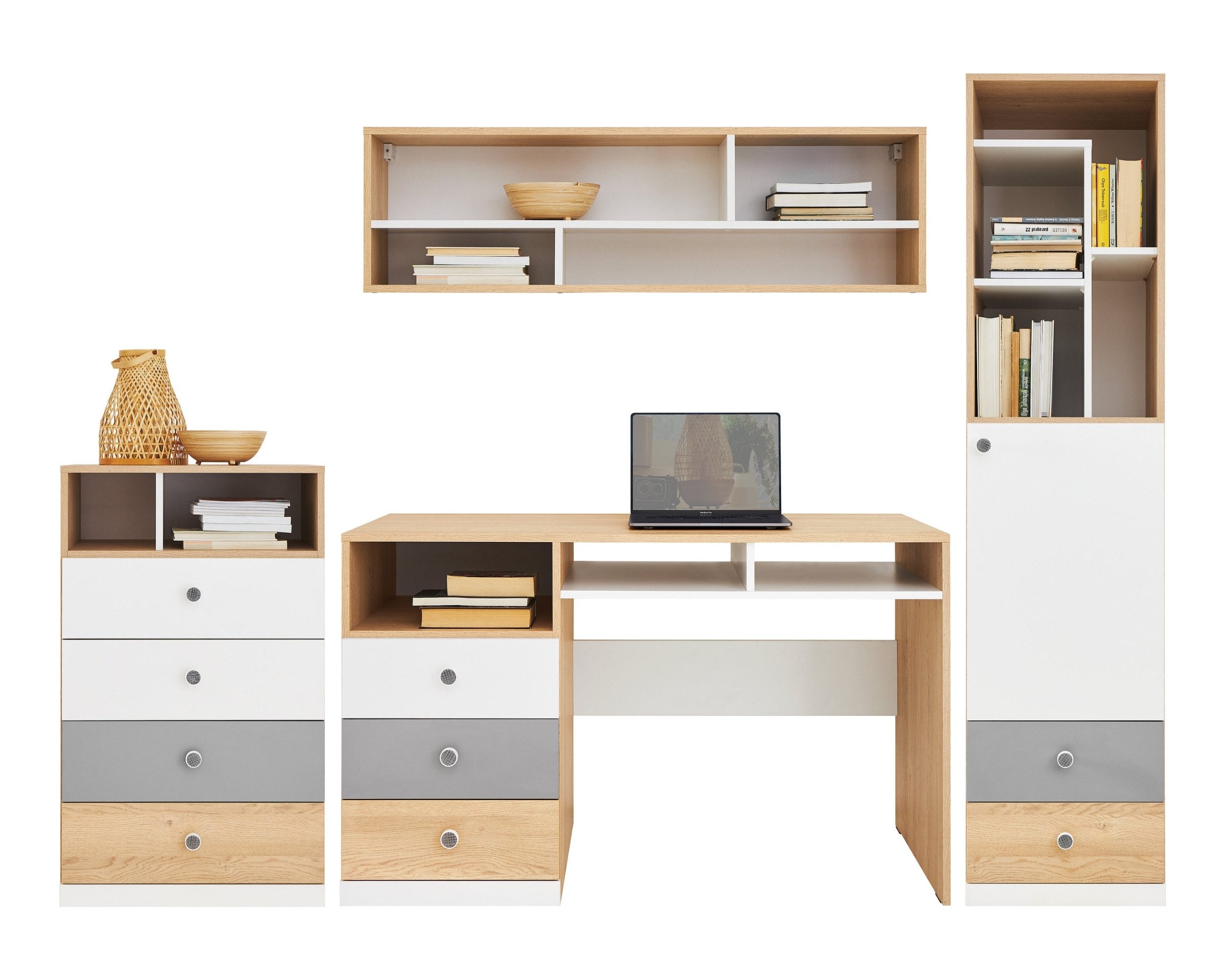 Deine Мебель 24 Jugendzimmer-Set POKO 1 mit Schreibtisch, Regal, Kommode und Hängeregal, (4-tlg., 4-teilig), in Biskuiteiche / Weiß Lux / Grau