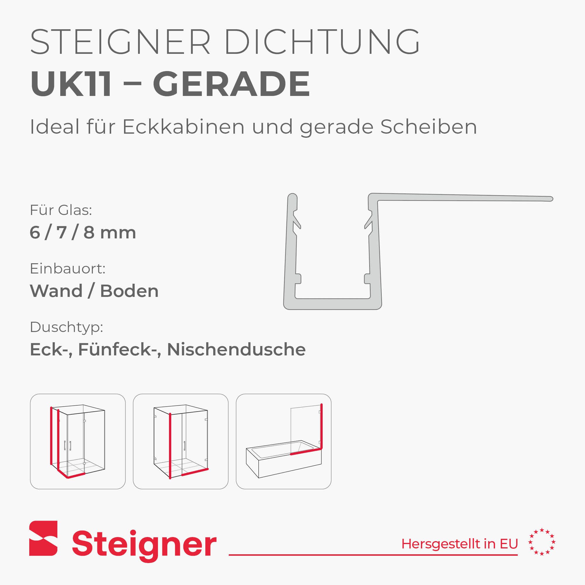 STEIGNER Duschdichtung Duschtürdichtung Gerade UK11 30 cm (1 Stk) Transparent 6-8 mm, L: 30 cm, (1 Stück Packung, Einzeldichtung), Dichtung für Eckeinstieg Dusc – Bild 2 von 5