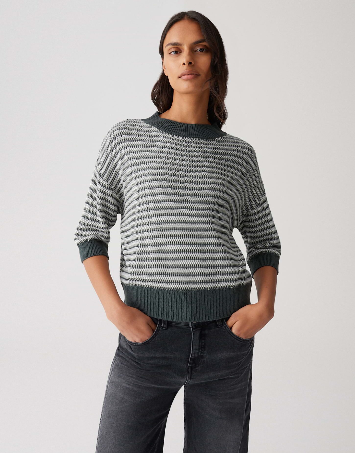 OPUS Вязаные свитера PEIPINA aus BCI Cotton Mix Boxy Silhouette, Jacquard Struktur, 3/4 Arm