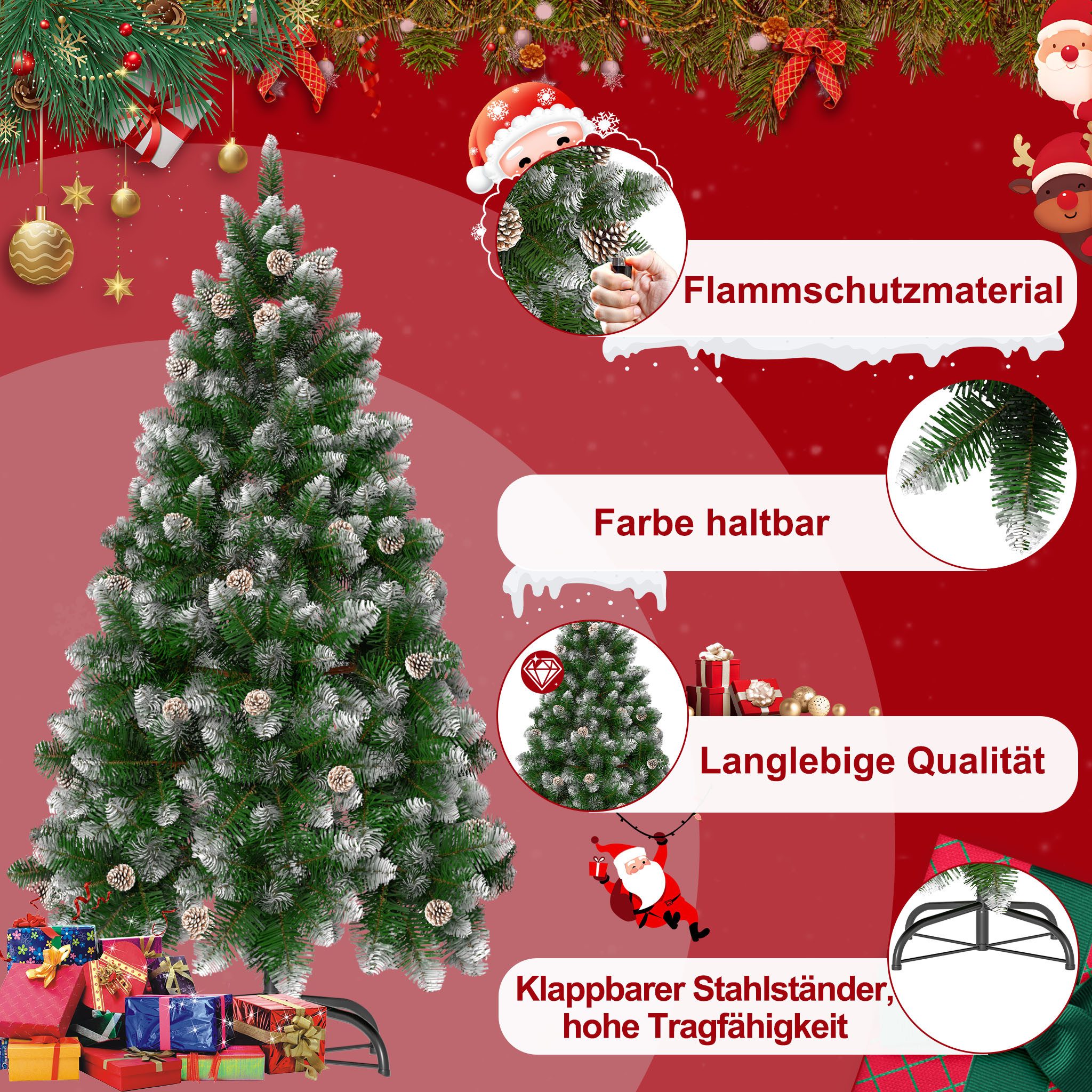 FIVMEN Künstlicher Weihnachtsbaum Künstlicher Weihnachtsbaum PVC Tannenbaum Christbaum mit Schnee-Effekt, Metallständer Bodenschutz Faltbare Zweige für festlich – Bild 5 von 5
