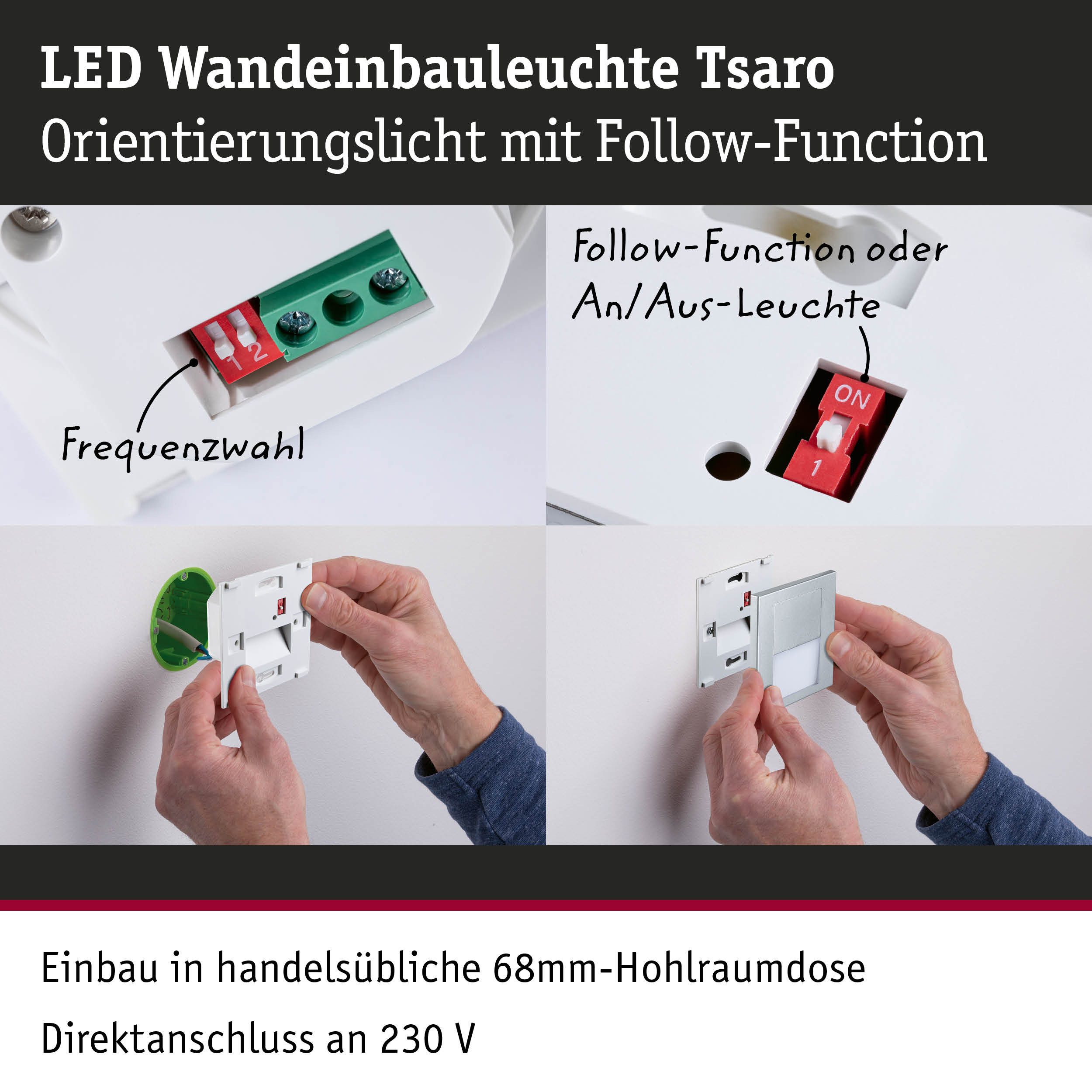 Paulmann LED Einbauleuchte LED Wandeinbauleuchte Tsaro eckig 80x36mm, LED fest integriert, Warmweiß
