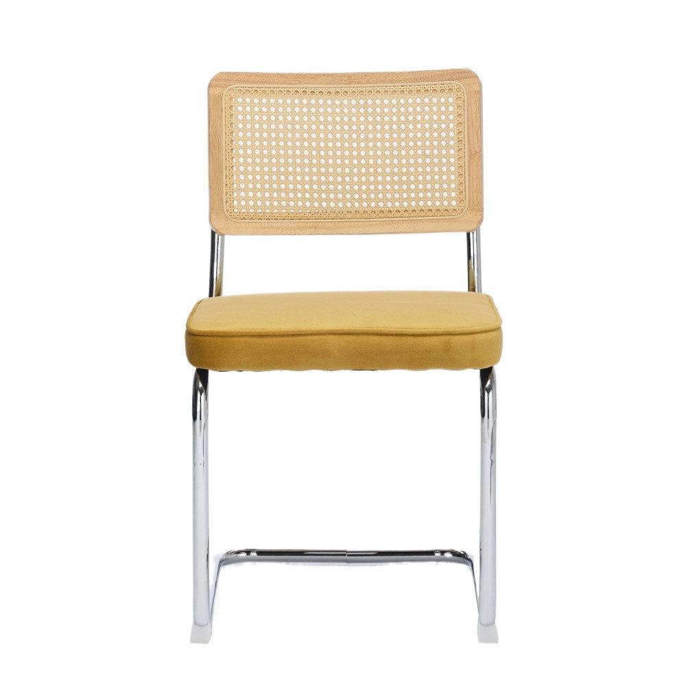 BBWL Polsterstuhl 2er Set Samt Rattan Freischwinger Stuhl mit Chromgestell, Mid Century Dining Chair