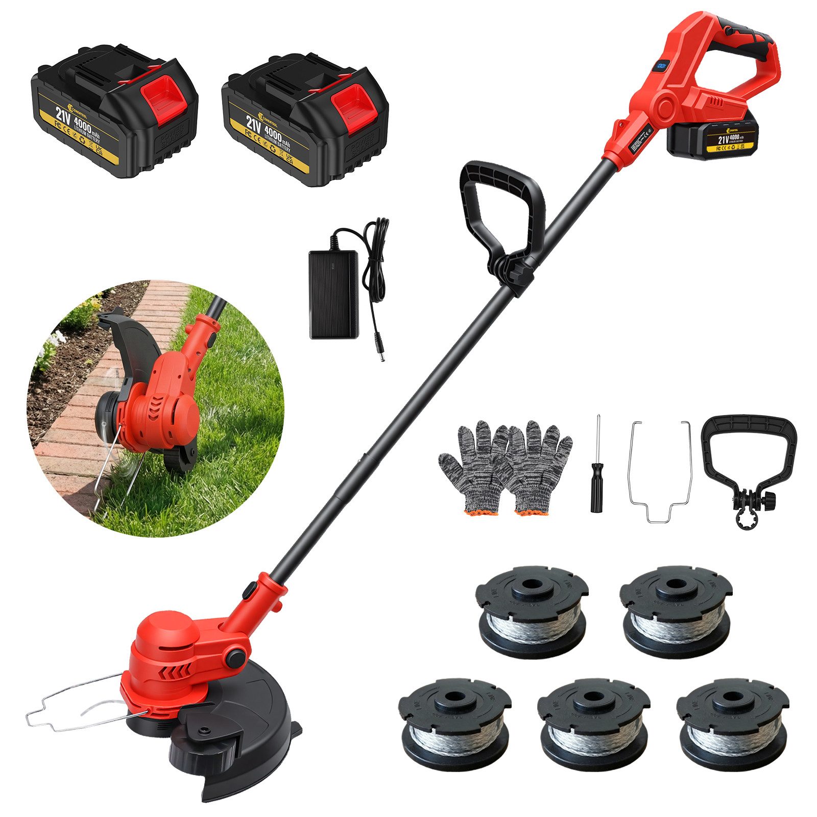 CONENTOOL Akku-Rasentrimmer 30cm Arbeitsbreite, 2-in-1 Kanten-Trimmfunktion, 21V 2×4,0Ah Akku, 30 cm Arbeitsbreite Faden, (inkl. 5 Fadenspulen), LED-Anzeige & Hilfsrad