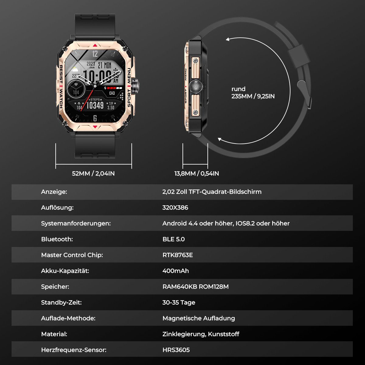 7Magic Smartwatch Herren Damen Touchscreen Zoll), 2,02” Schlafmonito mit IP68 (2.02 Tracker, Sportuhr Telefonfunktion Wasserdicht Gold Outdoor Fitness Smartwatch