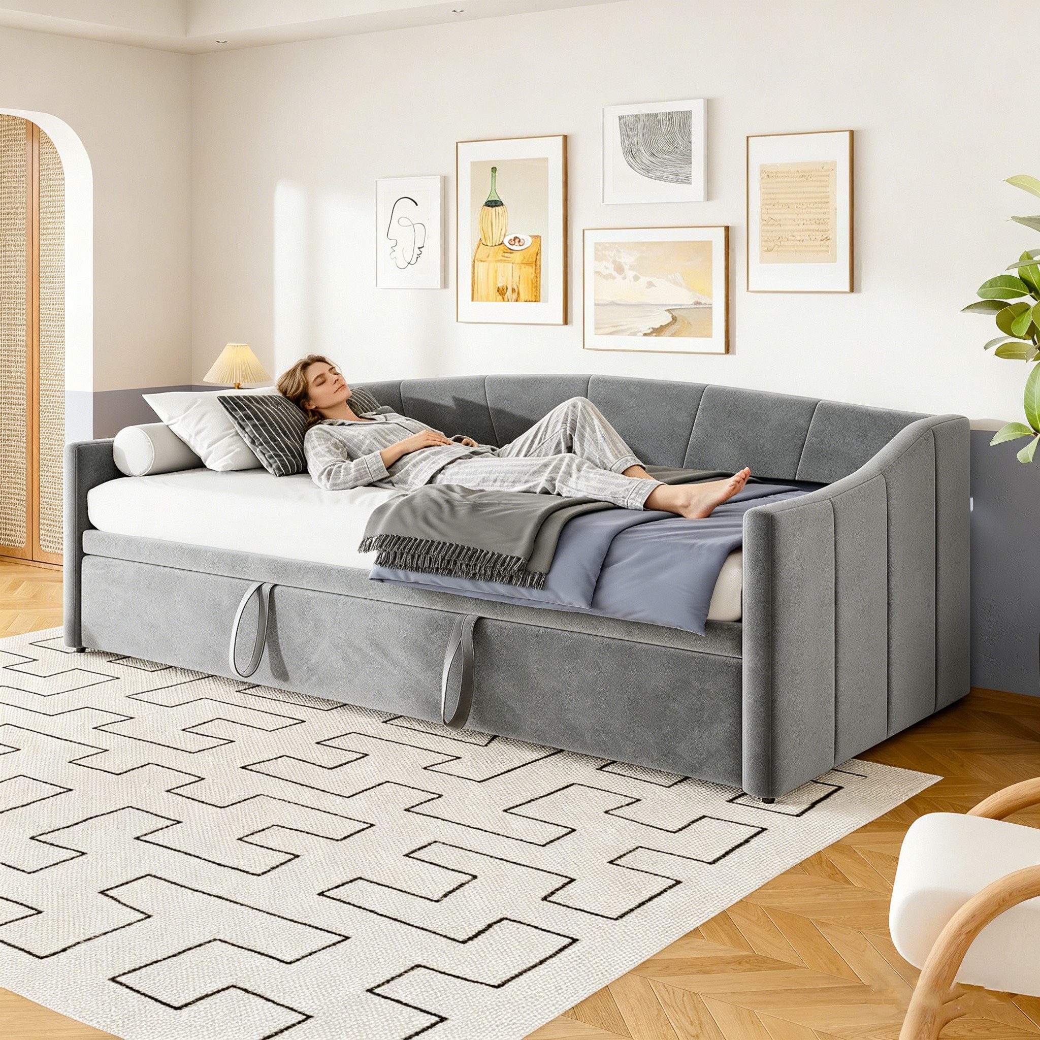 Simurq Daybett Schlafsofa 90/180x200cm, Ausziehbett, Gästebett, Tagesbett, Mit Unterbett, Lattenrost, Samt, Platzsparend, Samt, Grau