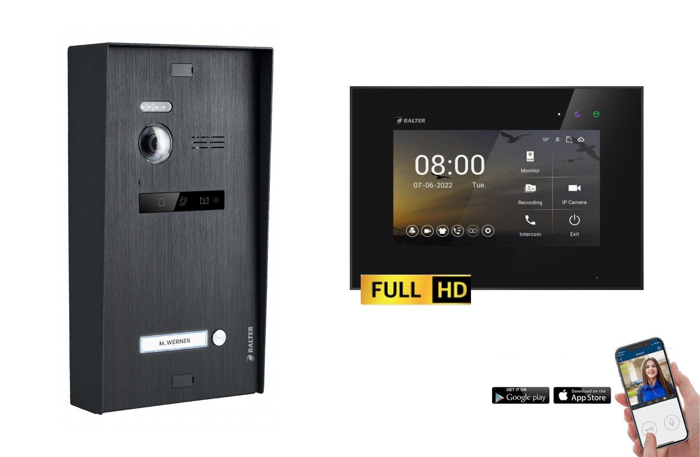 Balter Video-Türsprechanlage BALTER EVO-HD Aufputz Türsprechanlage 2-Draht 1-Familienhaus Schwarz (Set, 1-Familienhaus, Komplettset, Full HD 175° Kamera, App-Steuerung)