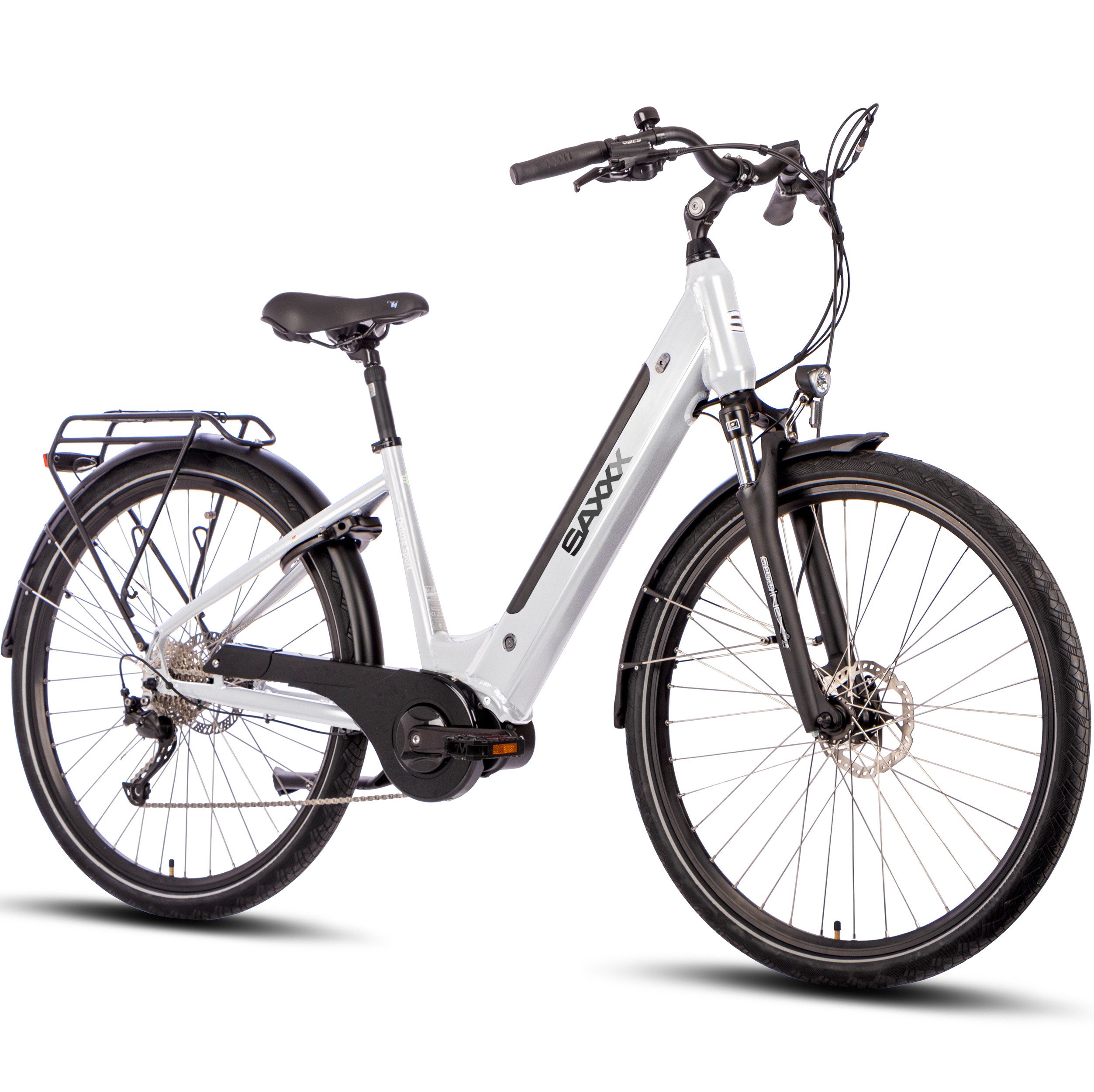 SAXXX E-Bike Trekkingrad Damen/Herren 28*2'', 418Wh, 80-100km, Scheibenbremsen, 9 Gang Shimano Alivio Schaltwerk, Kettenschaltung, Mittelmotor, 418 Wh, (mit Akku-Schlüssel, mit Akku-Ladegerät), E-Trekkingrad mit Gepäckträger, Federgabel, Akku entnehmbar