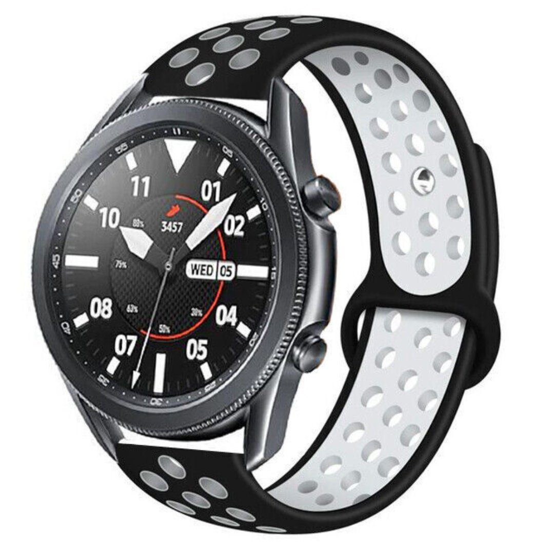 SmartUP Uhrenarmband Sport Silikon Armband für Samsung Galaxy Watch 6 5 4 Gear S3 Classic, Sportband, Silikon Ersatzarmband #2 Schwarz - Weiß