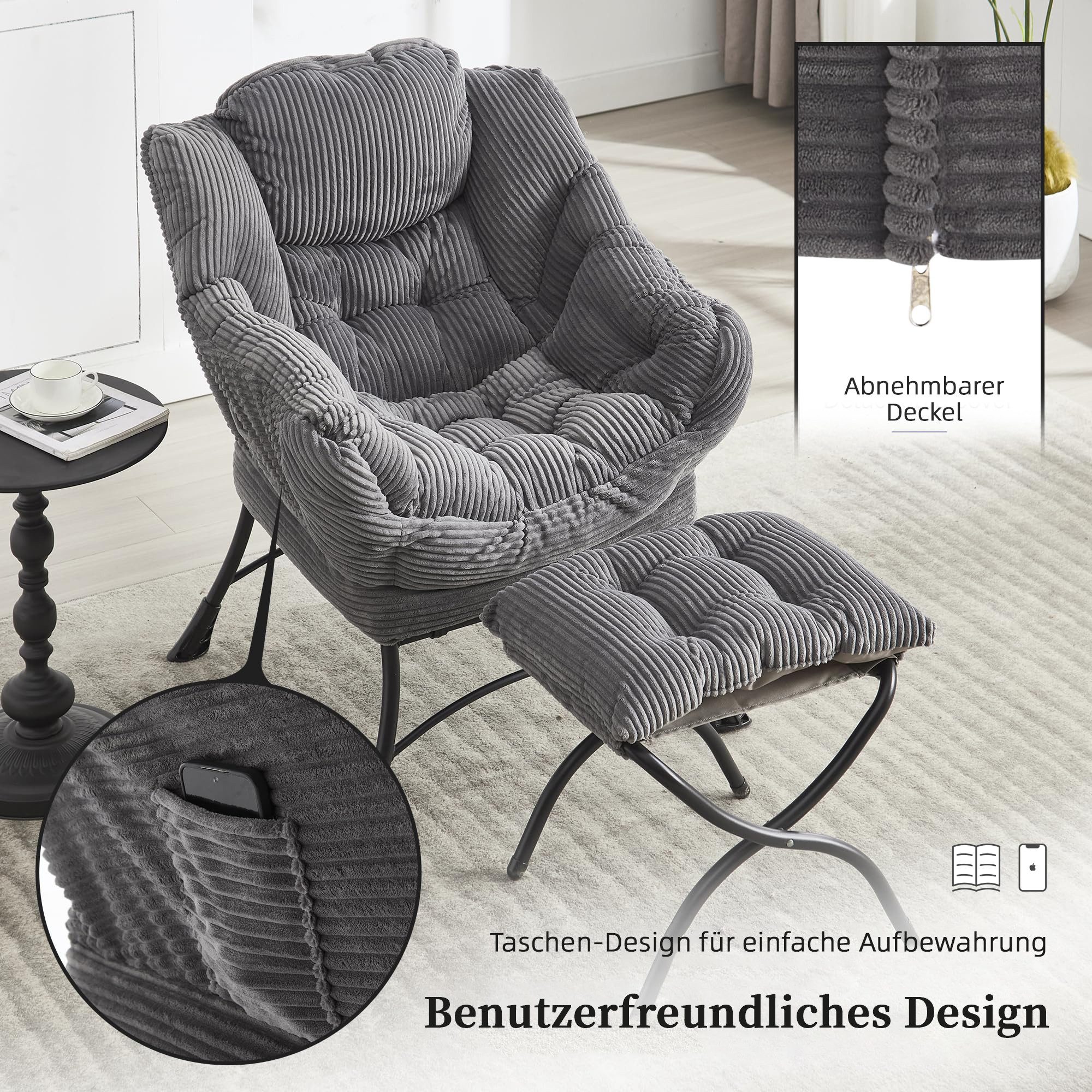 LVHOM Loungesessel Relaxsessel mit Hocker: Verbreitert/Sanftes Design,praktische Ergonomie (Gemütliche, extraweiche Polsterung, rutschfeste Schutzfüße, ergonomi – Bild 4 von 5