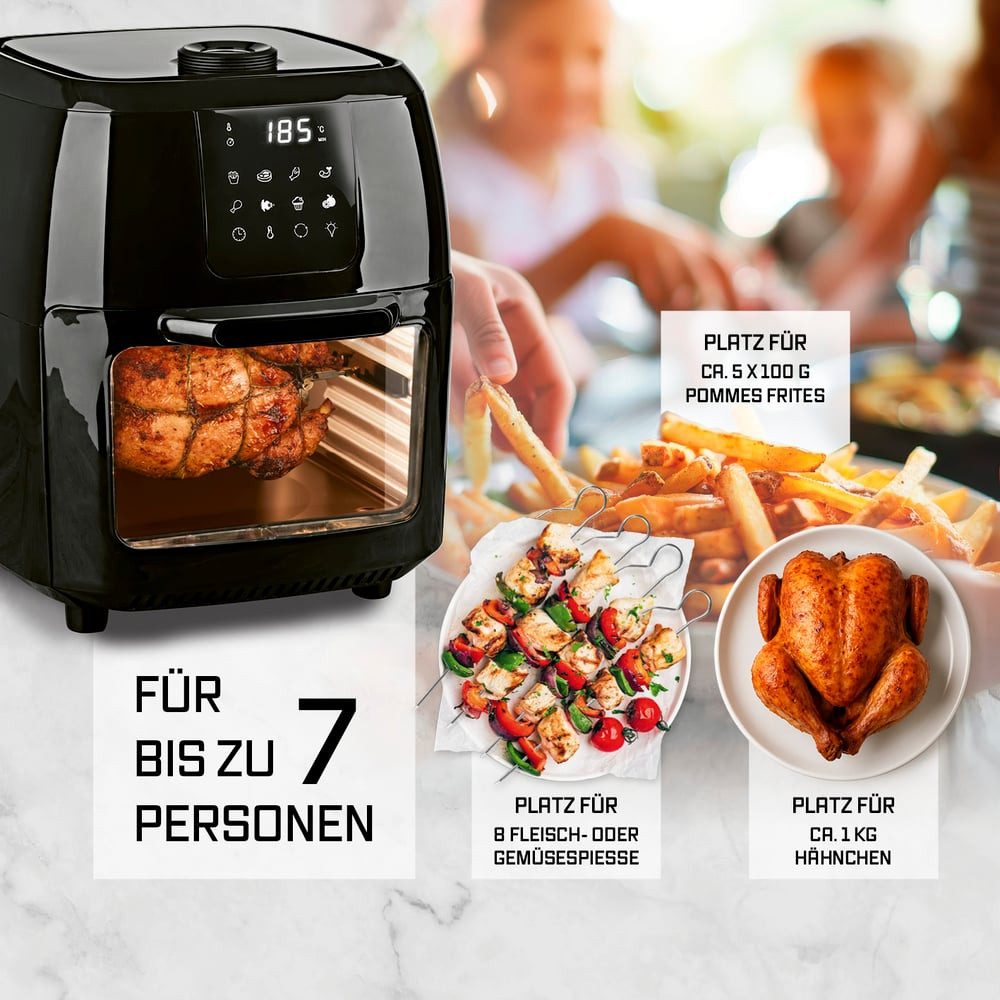 GOURMETmaxx Heißluftfritteuse 9 l Ofen - XXL-Zubehörset mit Drehspieß, 1800 W, fettarm frittieren knusprige Pommes, Hähnchen auftauen backen wärmen