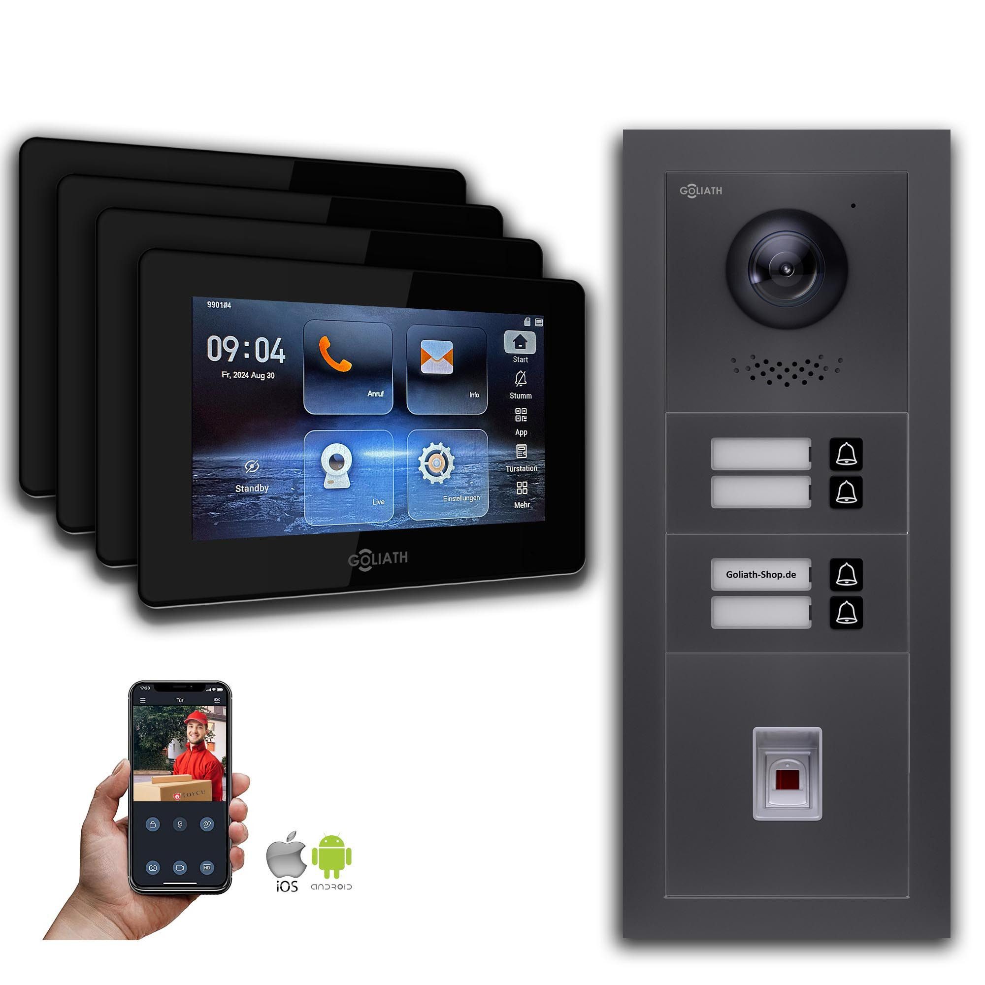 Goliath Intercom Video-Türsprechanlage Goliath IP Video Türsprechanlage: 7-Zoll 4 Familienhaus, Fingerprint, (Privat oder Gewerblich)