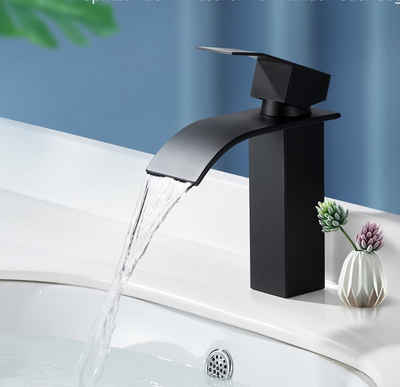 HOMELODY Badarmatur Schwarz Wasserfall Wasserhahn Bad Einhandmischer Waschtischarmaturen Einhebelmischer aus Messing Wasserhahn Waschbecken für Badezimmer