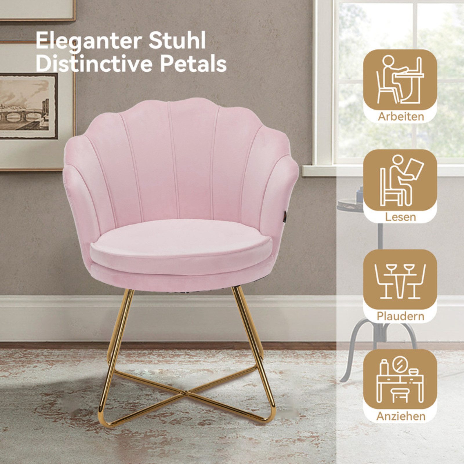 HawthyHome Polsterstuhl Polstersessel mit Blütenblatt-Rückenlehne & Goldene Metallbeine (1 St), ideal für Esszimmer & Schminktisch – Bild 5 von 5