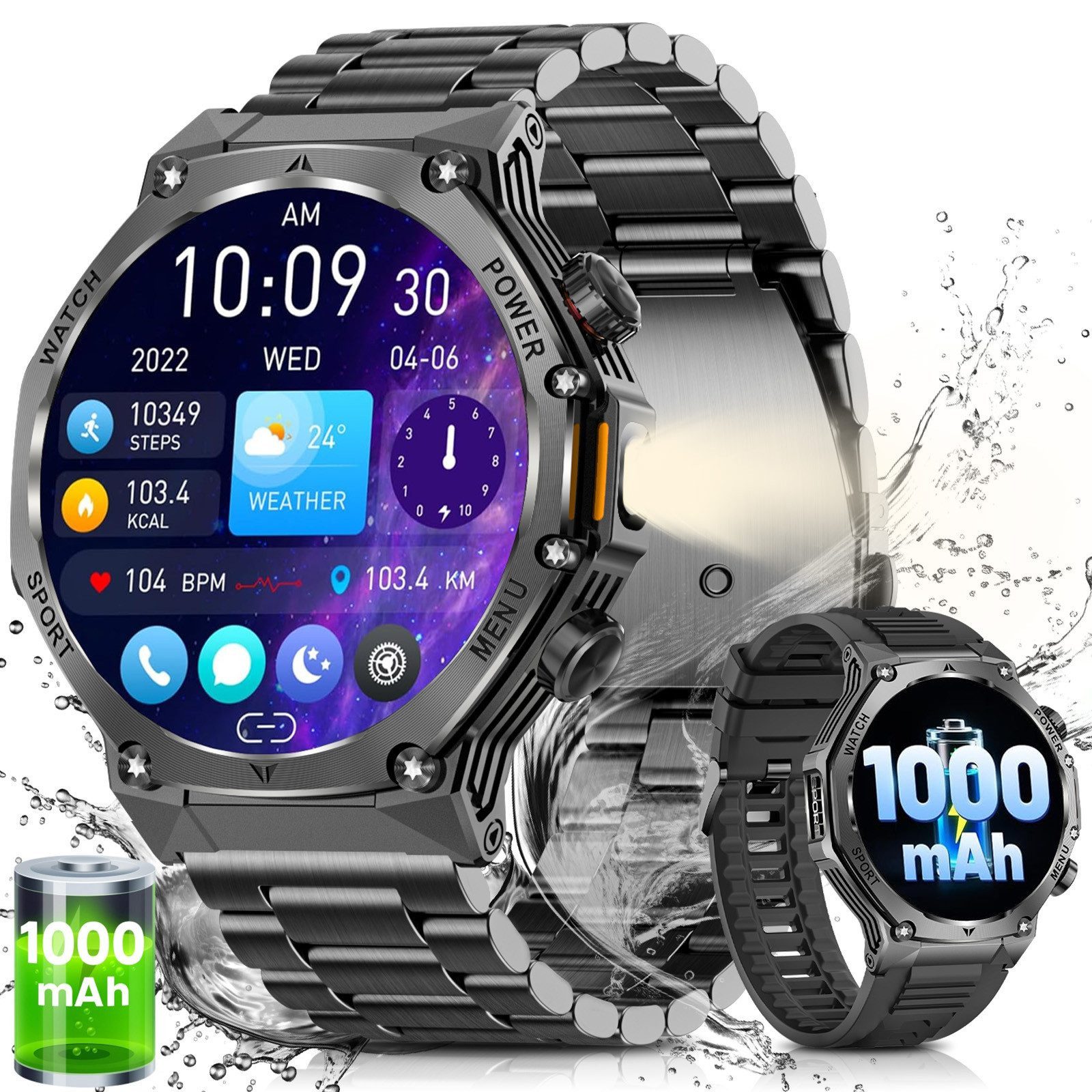 SWGOTA 2026 Neue 1000mAh Smartwatch Herren Militär mit Bluetooth Anruf Smartwatch, 1,8" Display Fitnessuhr, 100+ Sportmodi, Herzfrequenz, für Android/iOS