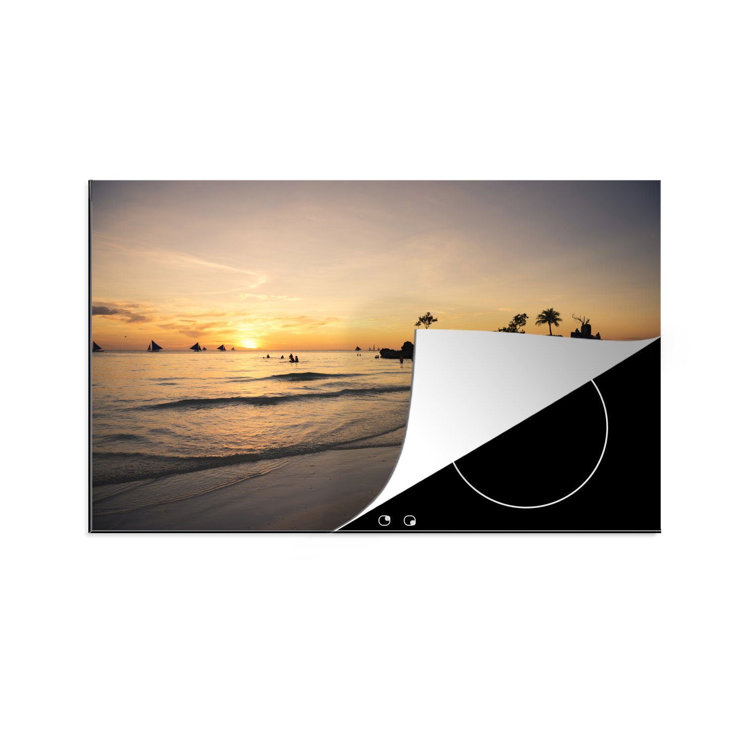 MuchoWow Herdblende-/Abdeckplatte Sonnenuntergang vor der Insel Boracay auf den Philippinen, Vinyl, (1 tlg), 81x52 cm, Induktionskochfeld Schutz für die küche, Ceranfeldabdeckung