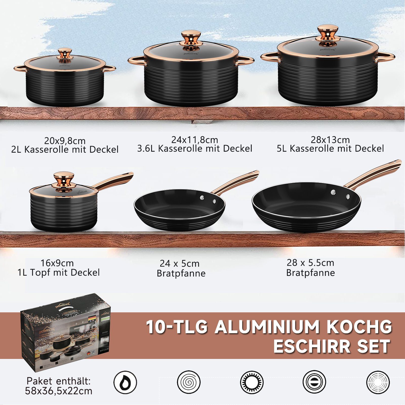 HOMELUX Topf-Set Kochgeschirr-Set, 10tlg Induktions Kochtopfset mit Deckel, Aluminium (Stilvolles Rose Gold, 10-tlg., Kochtopf 20/24/28 + Stieltopf 16 + Pfanne 24/28), induktionsgeeignet