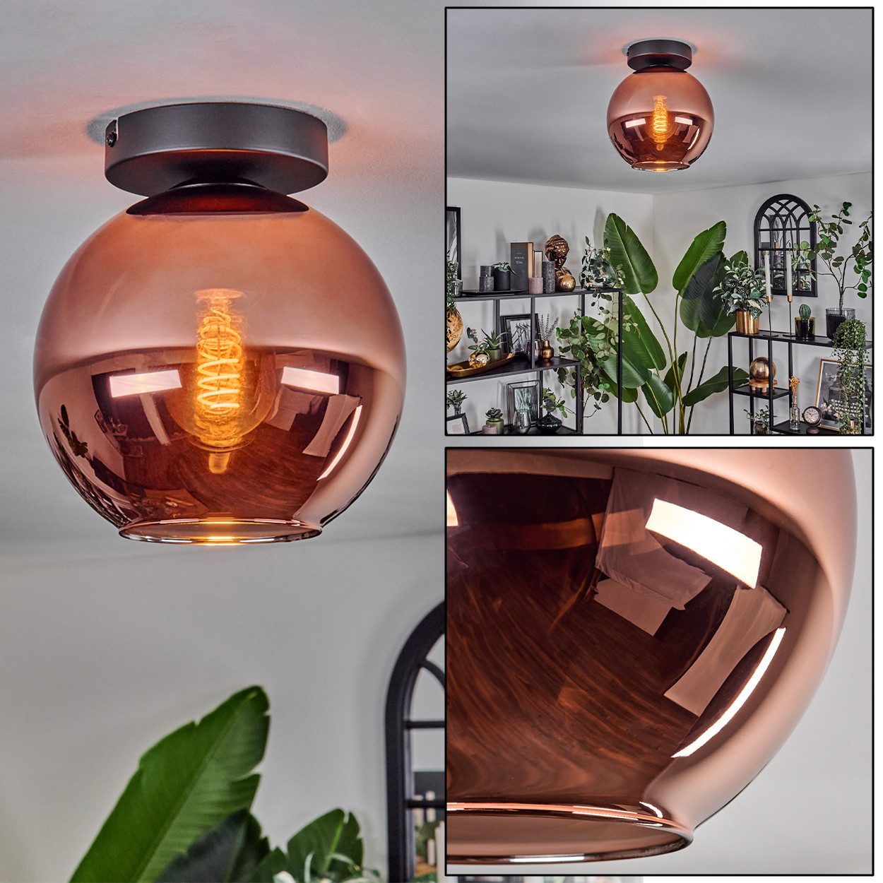 hofstein Deckenleuchte Deckenlampe aus Metall/Glas in Schwarz/Kupferfarben, ohne Leuchtmittel, moderne Leuchte mit Schirm aus Glas (20cm), 1xE27, ohne Leuchtmittel