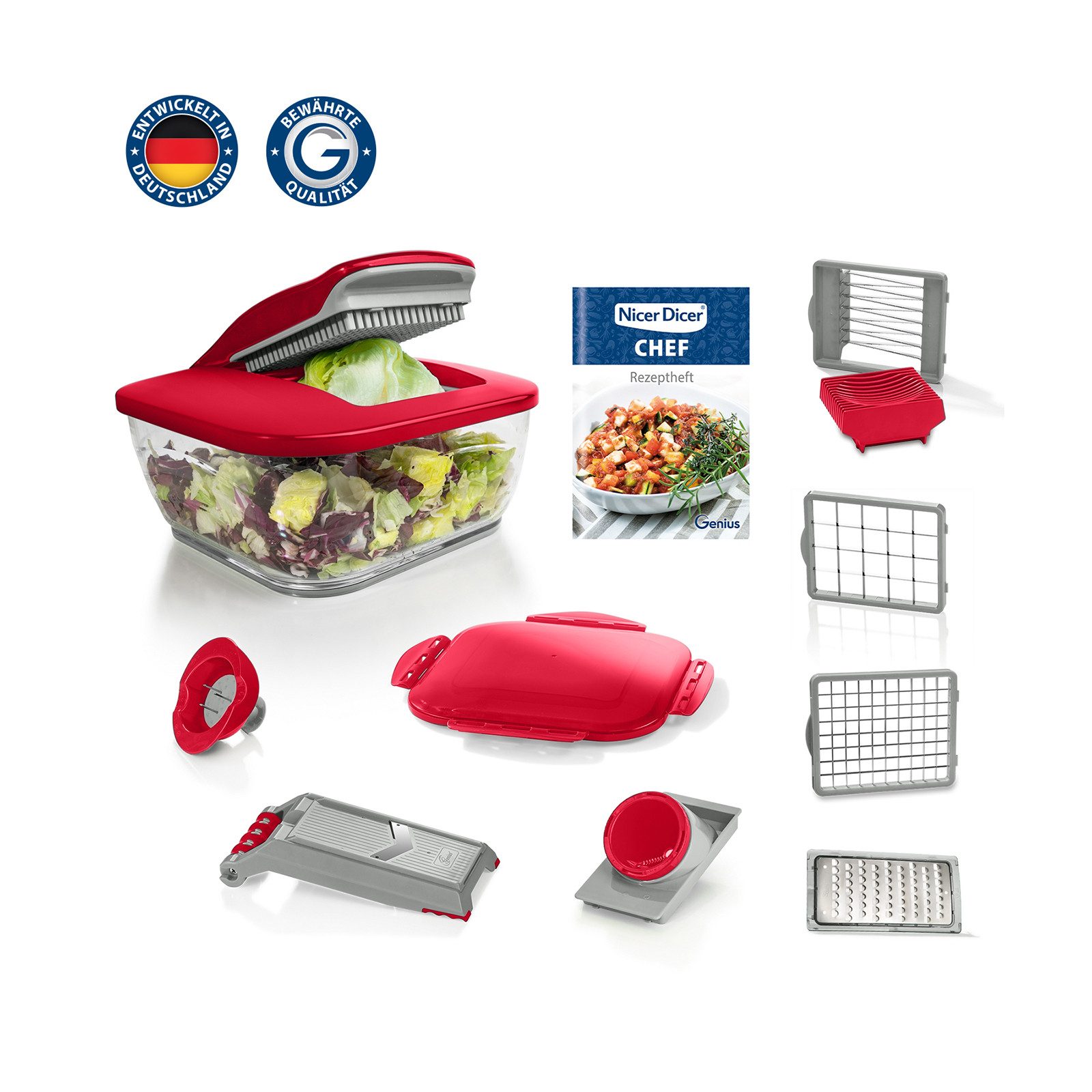 Genius Küchenreibe Genius Gemüseschneider Gemüsehobel Nicer Dicer Chef 15 tlg. Rot, Edelstahl, Kunststoff