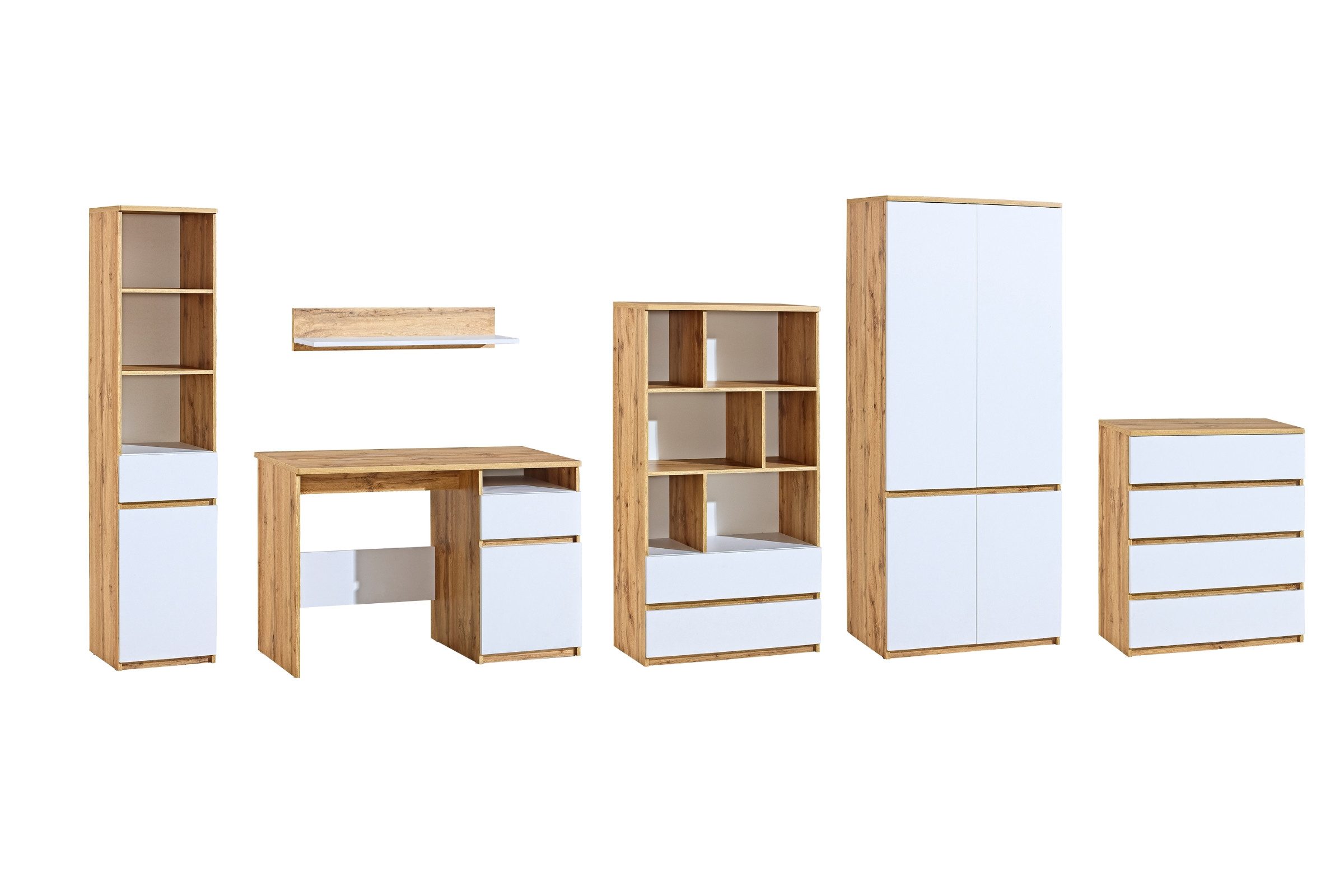 Deine Möbel 24 Jugendzimmer-Set ARCO A Kinderzimmer-Set Kindermöbel Jugendmöbel, (Set, 6-tlg., Kleiderschrank Kommode Schreibtisch Regal Hochkommode Hängeregal), 1+3+7+5+4+8 Weiß Matt